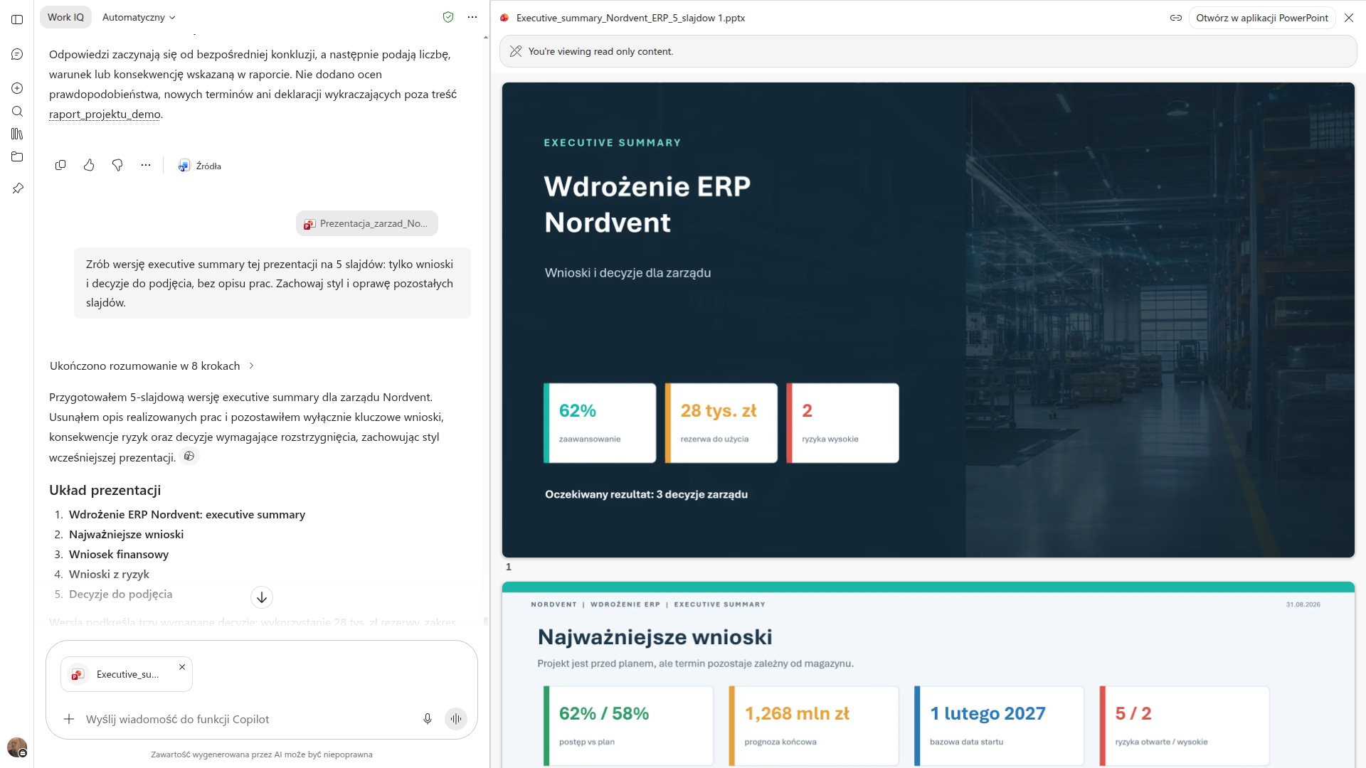 Copilot skraca dziewięcioslajdową prezentację zarządczą do pięcioslajdowego executive summary