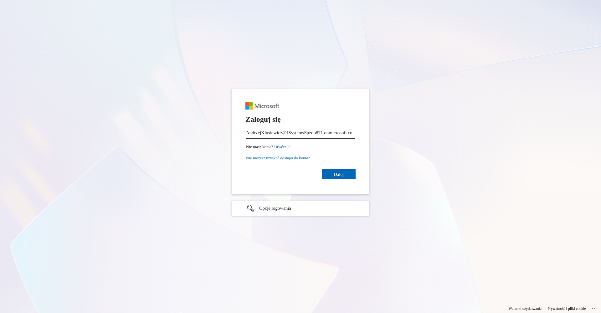 Strona logowania Microsoft do Outlooka w przeglądarce z wpisanym adresem konta firmowego z licencją Copilot