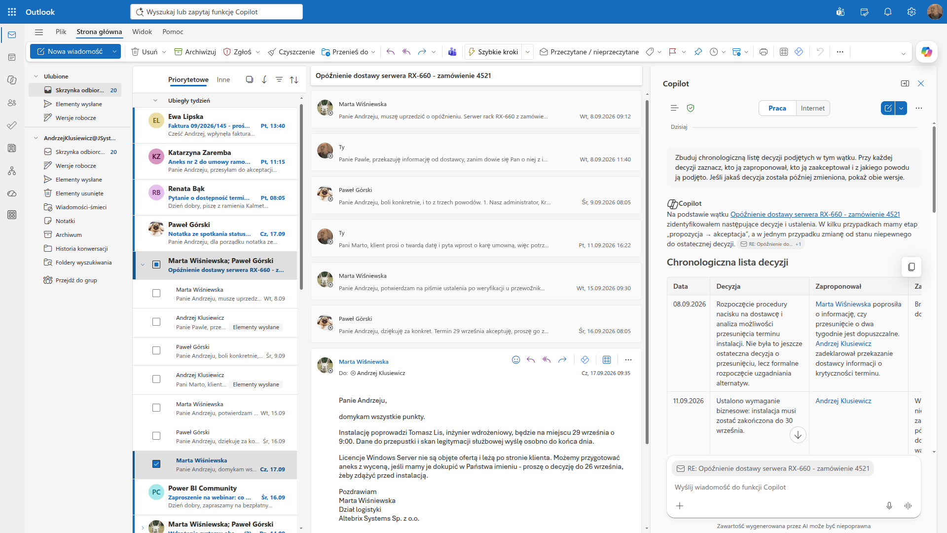 Panel Copilota w Outlooku buduje chronologiczną tabelę decyzji z wątku o dostawie serwera, z datą i osobą proponującą