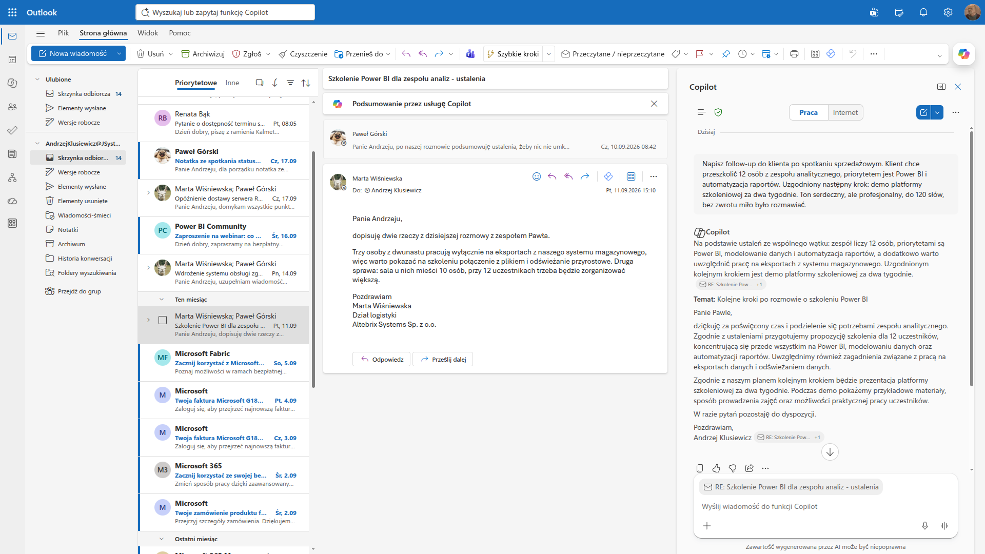 Panel Copilota w Outlooku pisze follow-up po spotkaniu sprzedażowym dotyczącym szkolenia Power BI dla zespołu analiz