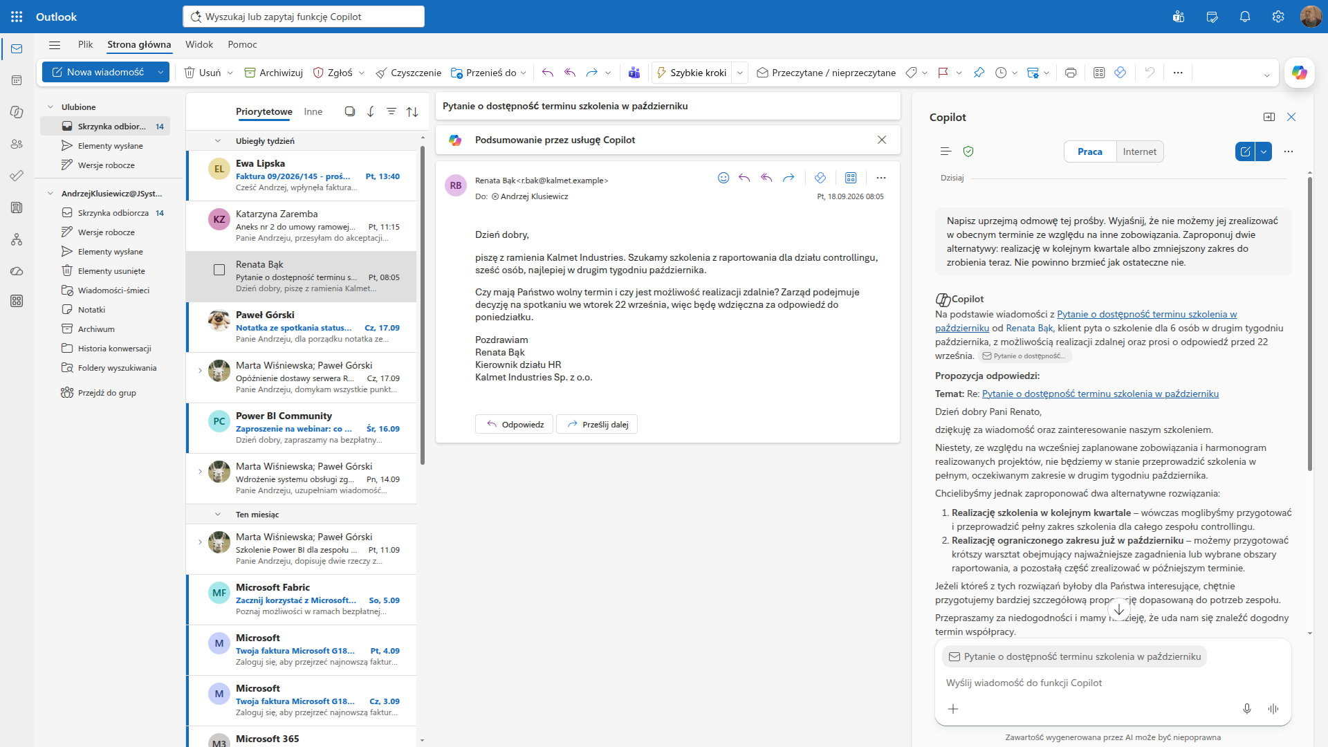 Panel Copilota w Outlooku układa uprzejmą odmowę na zapytanie o termin szkolenia, z dwiema propozycjami zastępczymi