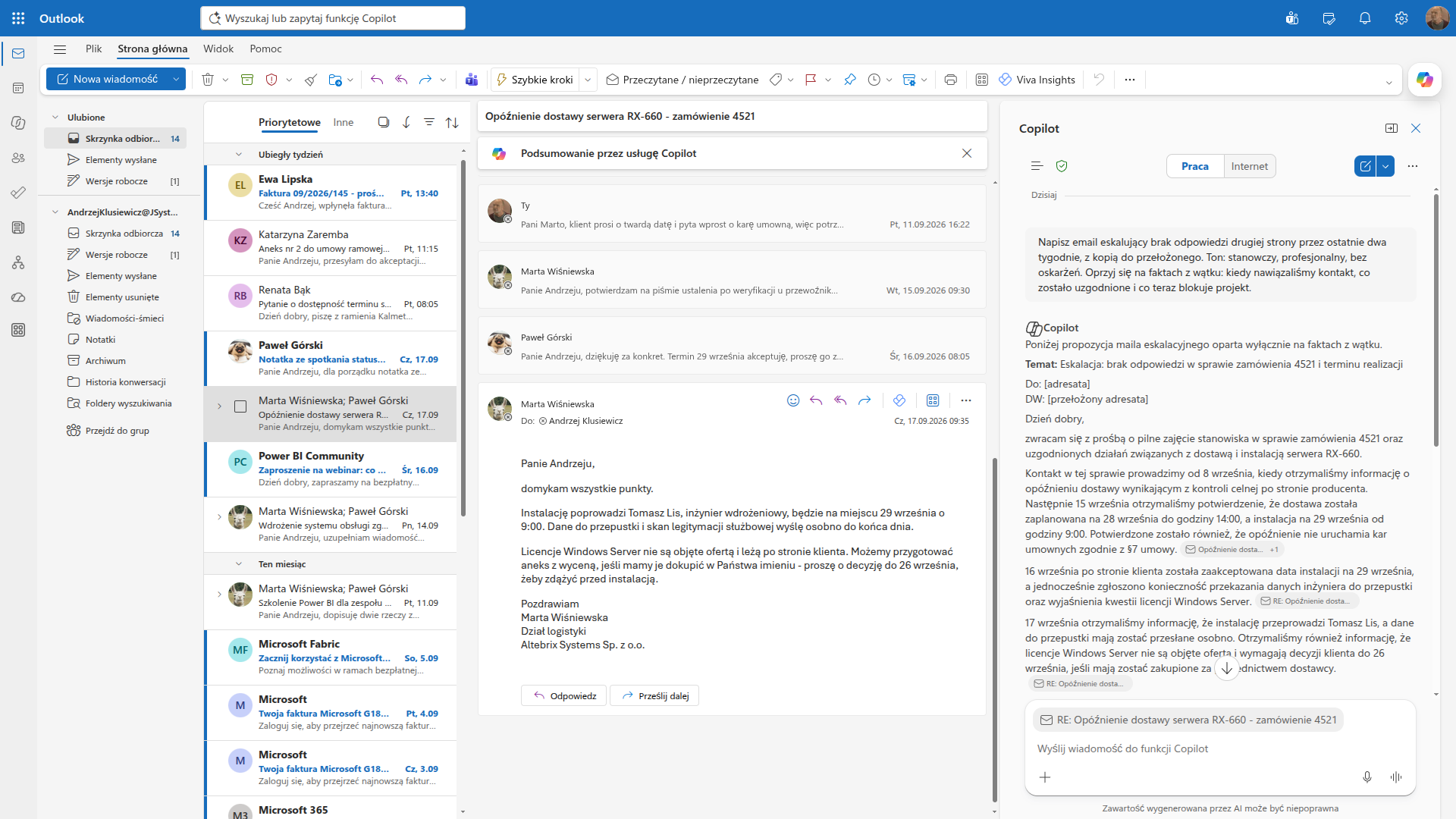 Panel Copilota w Outlooku pisze mail eskalujący brak odpowiedzi, oparty wyłącznie na faktach z wątku o dostawie serwera