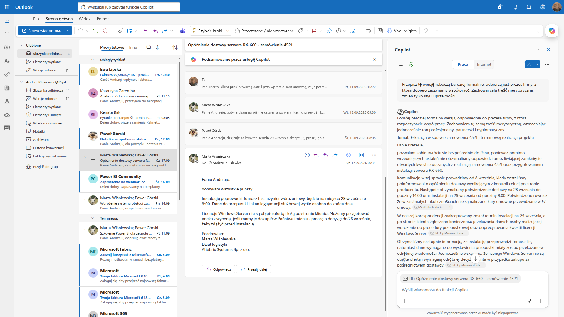 Panel Copilota w Outlooku przepisuje wcześniej wygenerowaną wersję roboczą maila na formalną, do prezesa firmy