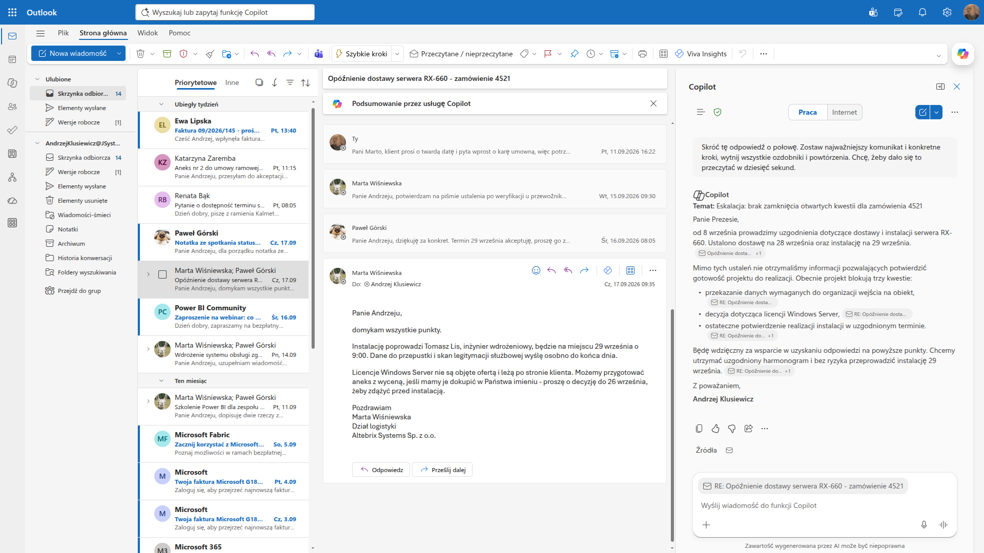Panel Copilota w Outlooku skraca formalną wersję maila do treści na dziesięć sekund czytania