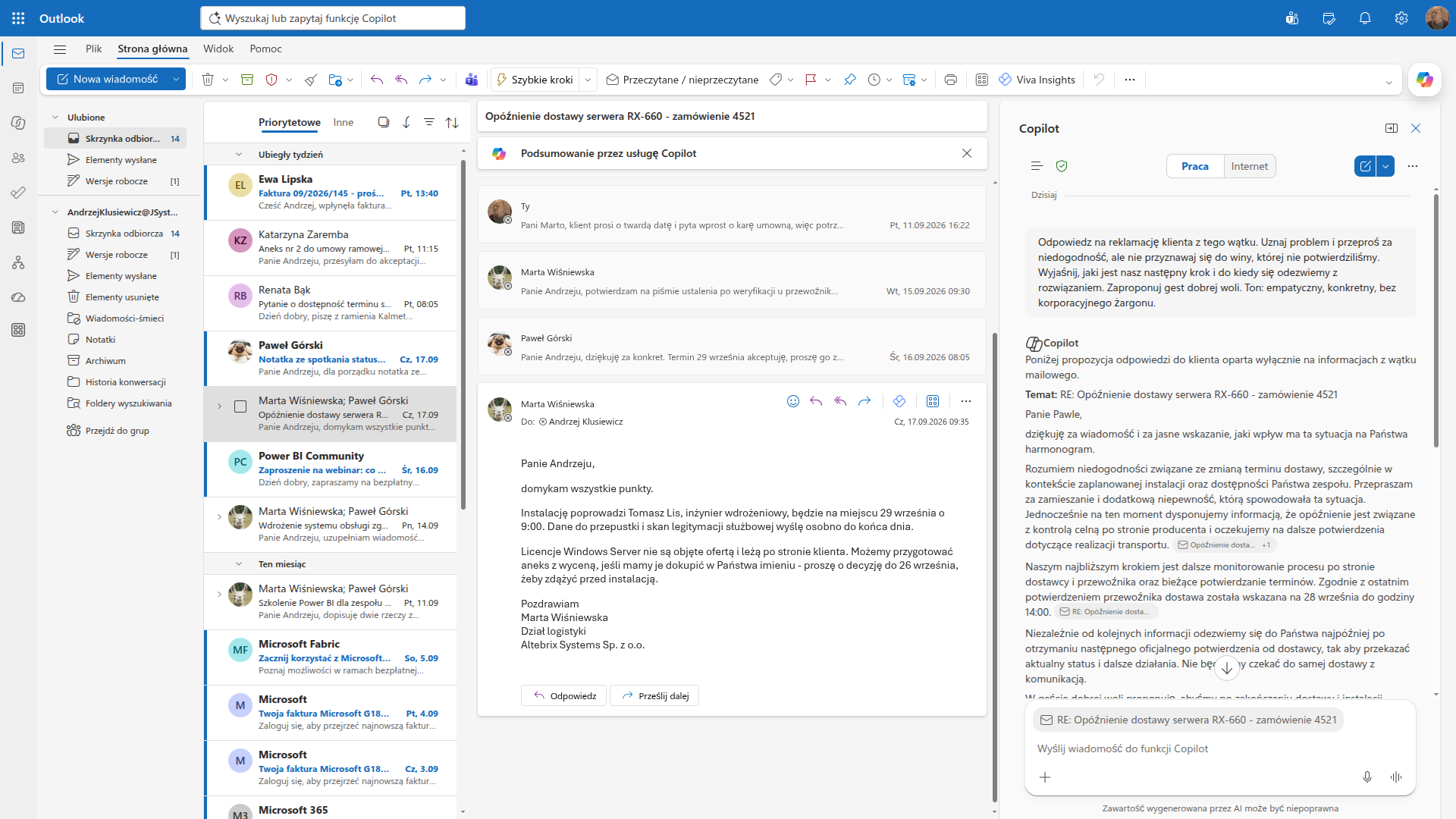Panel Copilota w Outlooku odpowiada na reklamację klienta, przepraszając za niedogodność bez przyznania się do winy