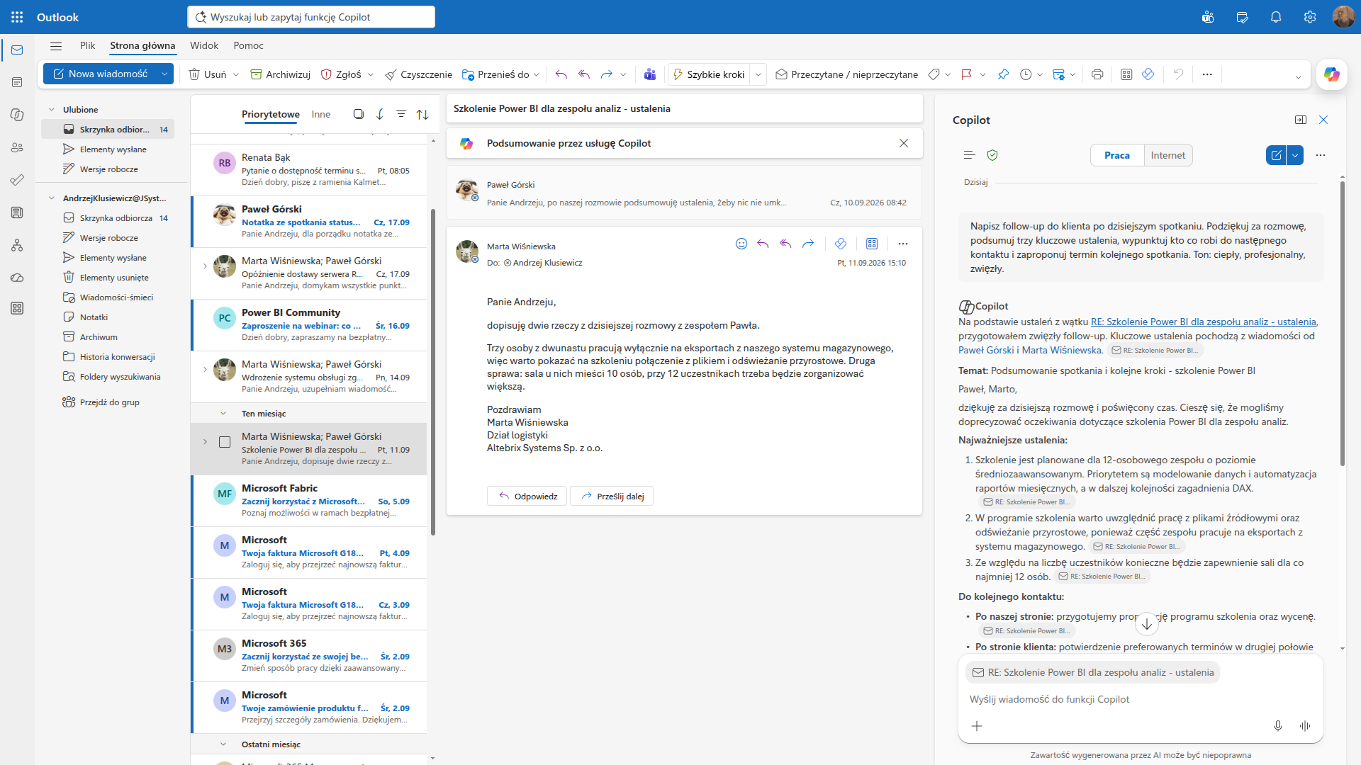 Panel Copilota w Outlooku pisze follow-up po spotkaniu z podziałem działań na stronę naszą i stronę klienta