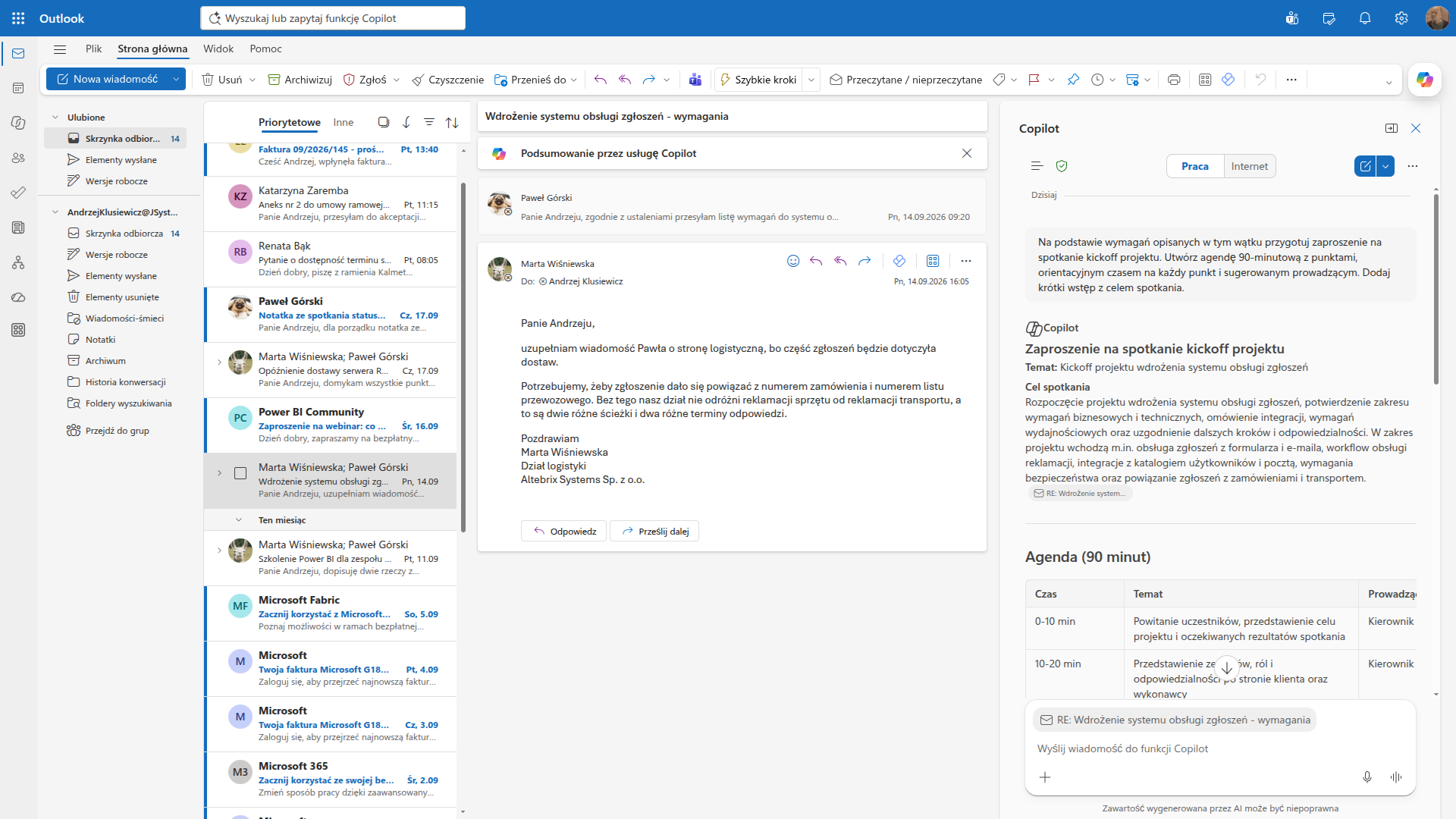 Panel Copilota w Outlooku układa zaproszenie na spotkanie kickoff z agendą na dziewięćdziesiąt minut