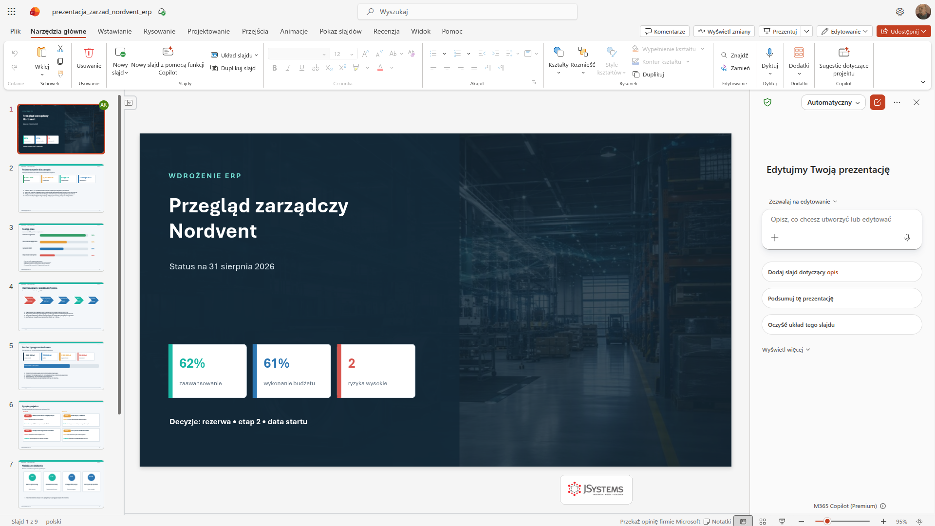 Panel Copilota zadokowany przy prawej krawędzi okna PowerPoint dla sieci web, z nagłówkiem Edytujmy Twoją prezentację, polem polecenia i podpowiedziami, obok slajdu prezentacji o wdrożeniu ERP