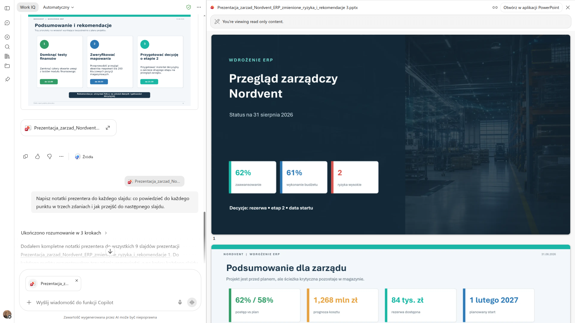 Copilot pisze notatki prezentera do wszystkich slajdów prezentacji zarządczej o wdrożeniu ERP