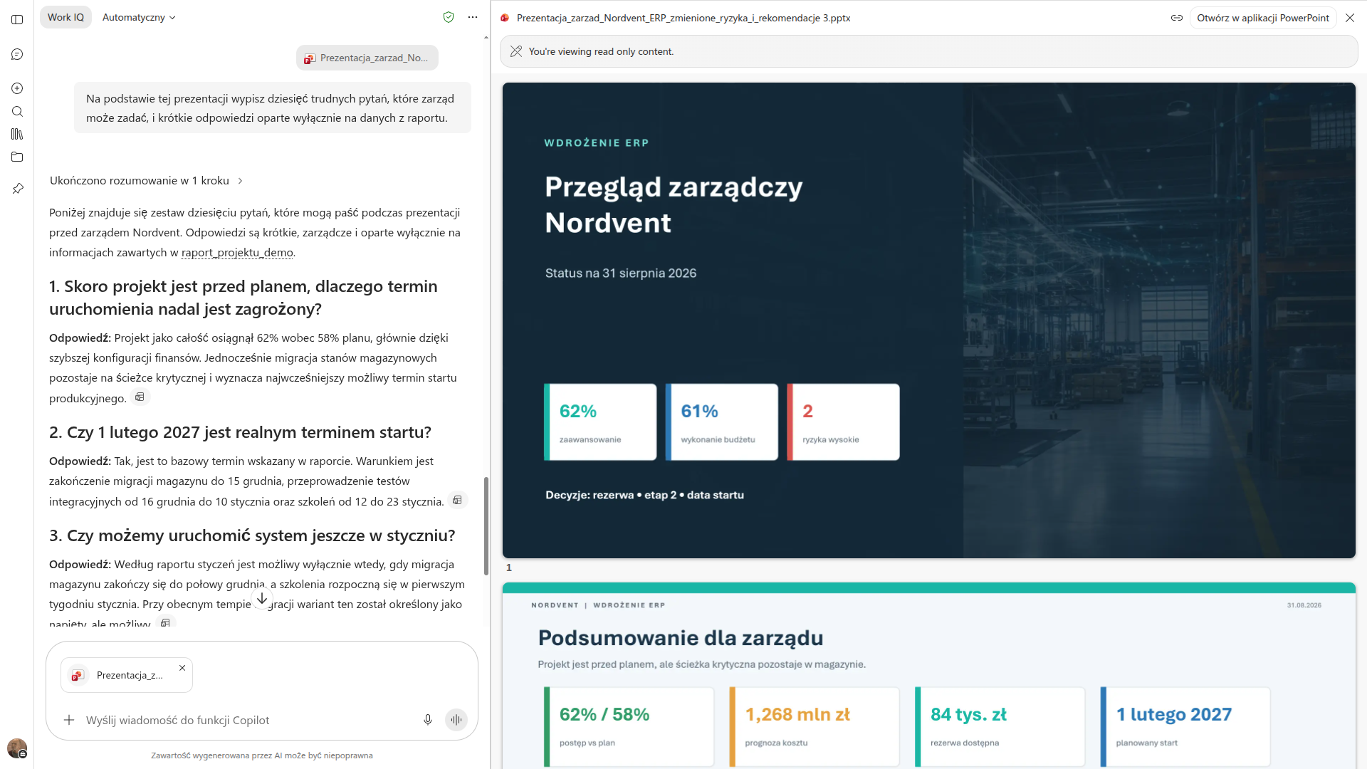Copilot wypisuje dziesięć trudnych pytań zarządu wraz z odpowiedziami opartymi na danych z raportu