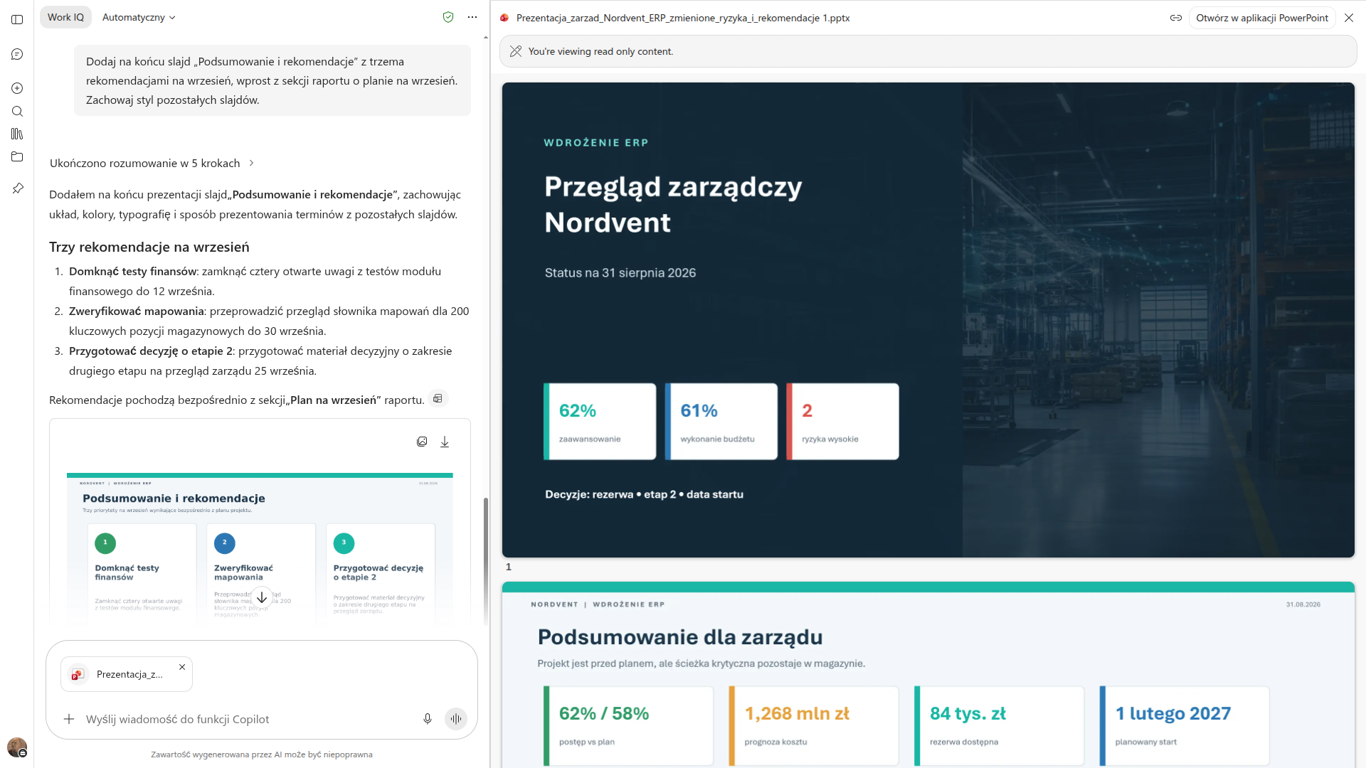 Polecenie dołożenia slajdu z rekomendacjami i odpowiedź Copilota z trzema rekomendacjami na wrzesień
