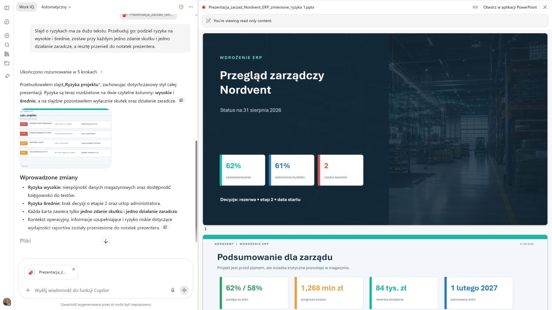 Polecenie przebudowy slajdu o ryzykach w Copilocie i odpowiedź opisująca wprowadzone zmiany