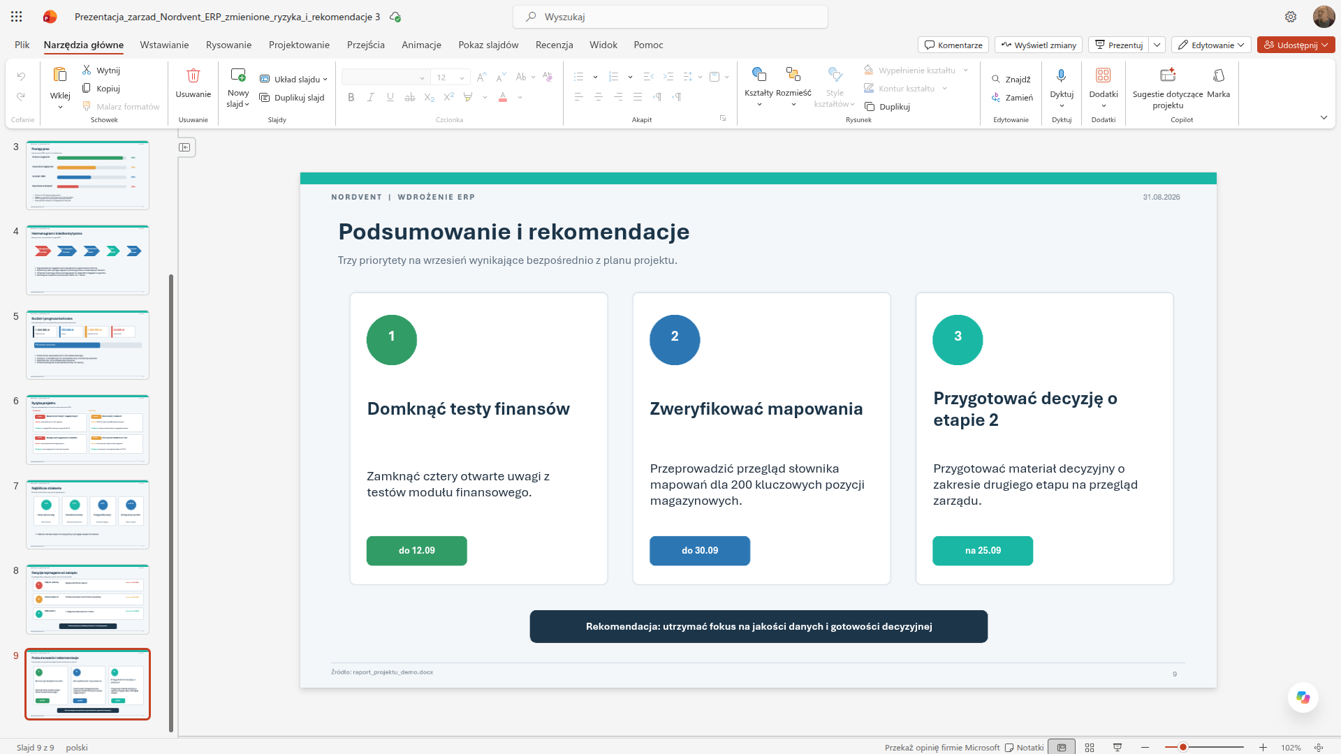 Slajd Podsumowanie i rekomendacje z trzema rekomendacjami na wrzesień i przypisanymi terminami