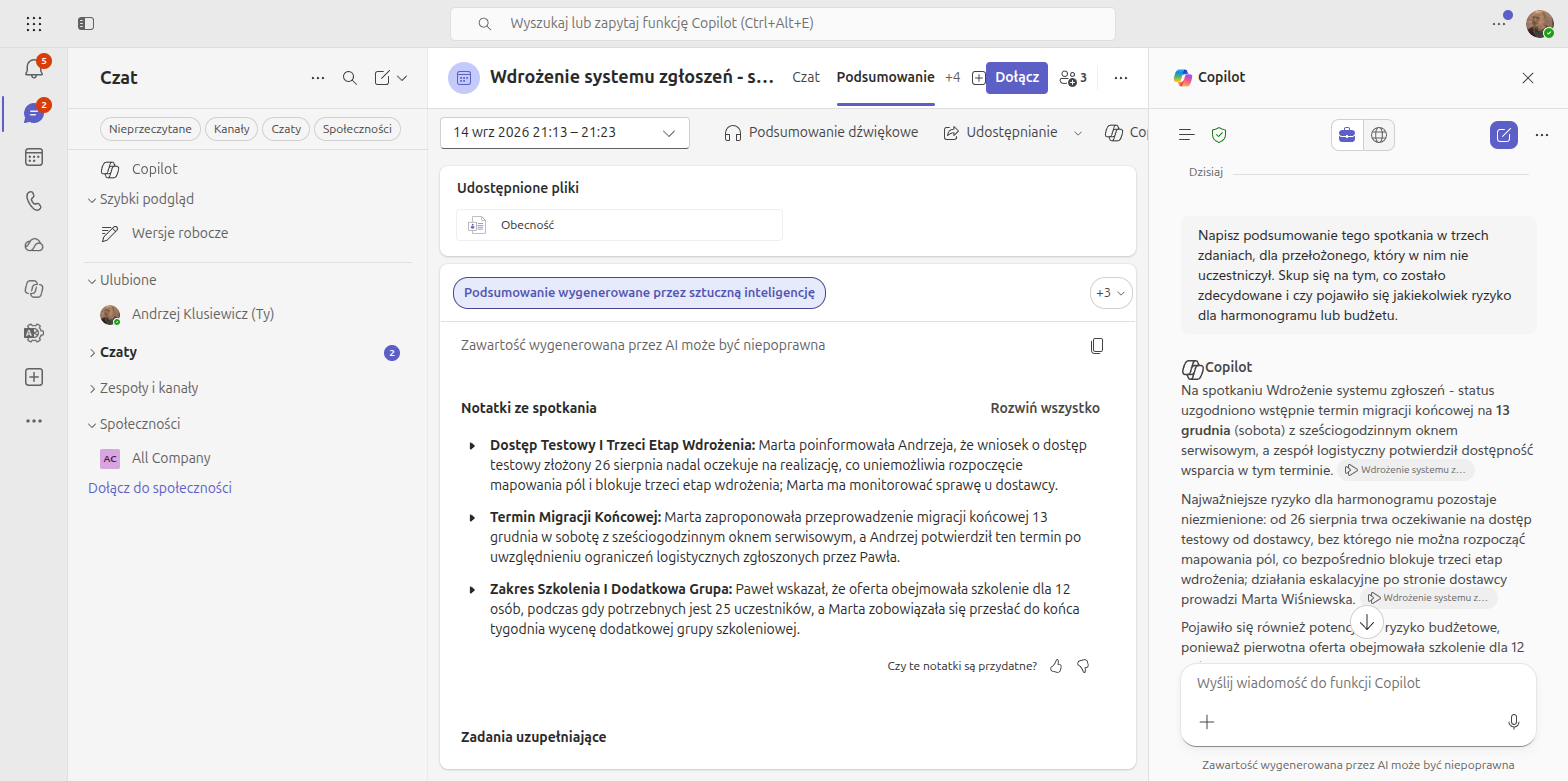 Panel Copilota w podsumowaniu spotkania Microsoft Teams z trzyzdaniowym streszczeniem dla przełożonego i oceną ryzyka dla harmonogramu