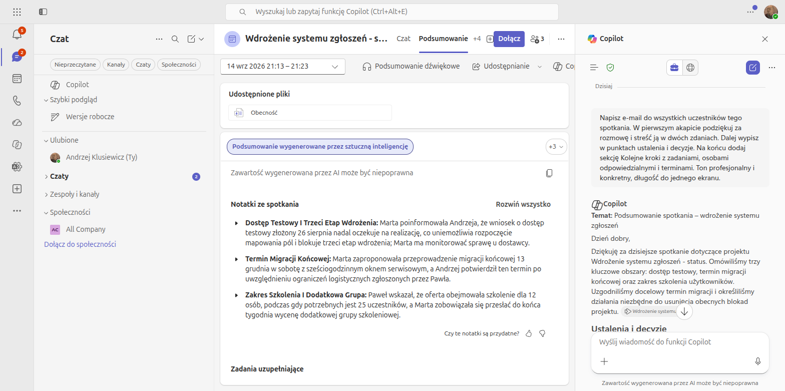Panel Copilota w podsumowaniu spotkania Microsoft Teams z gotowym e-mailem do uczestników: tematem, podziękowaniem i sekcją ustaleń