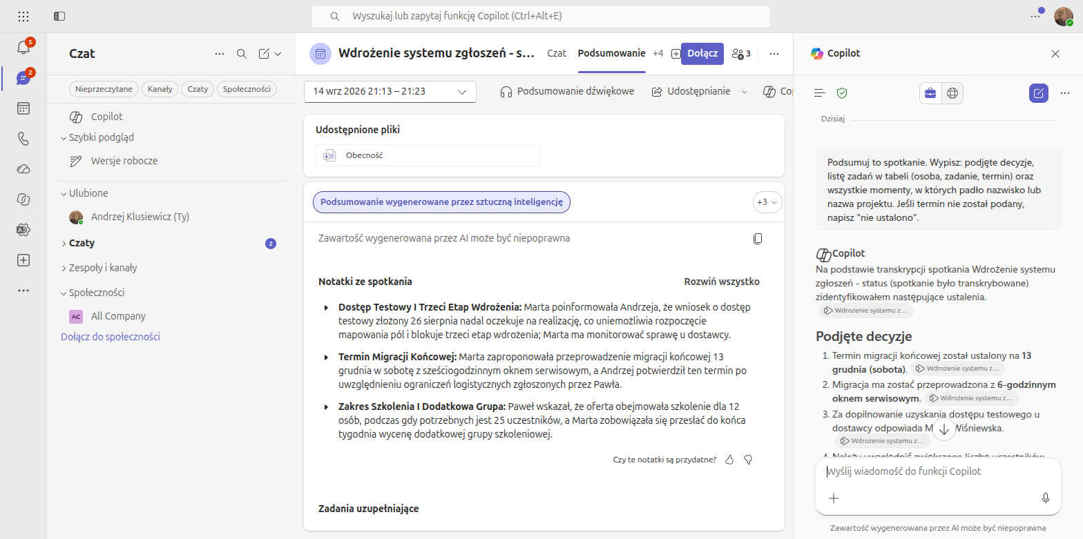 Panel Copilota w podsumowaniu spotkania Microsoft Teams z listą podjętych decyzji wygenerowaną na podstawie transkrypcji zakończonej rozmowy
