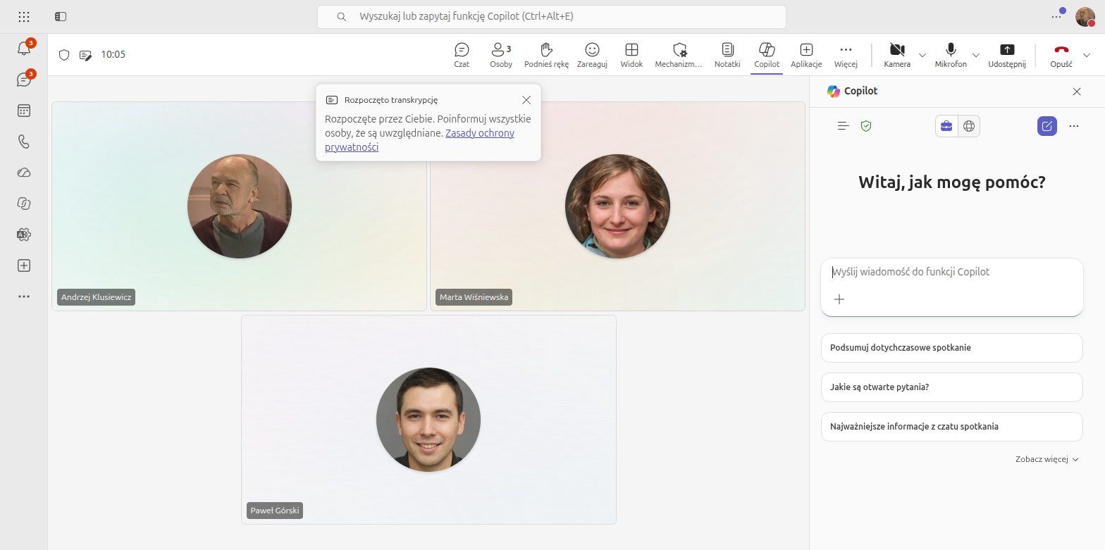 Panel Copilota otwarty w trakcie spotkania Microsoft Teams, przycisk Copilot na górnym pasku okna spotkania obok przycisków Notatki i Aplikacje