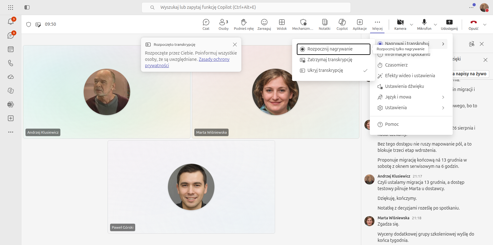 Rozwinięte podmenu Nagrywaj i transkrybuj w spotkaniu Microsoft Teams z pozycjami Rozpocznij nagrywanie, Zatrzymaj transkrypcję i Ukryj transkrypcję oraz dymkiem Rozpoczęto transkrypcję
