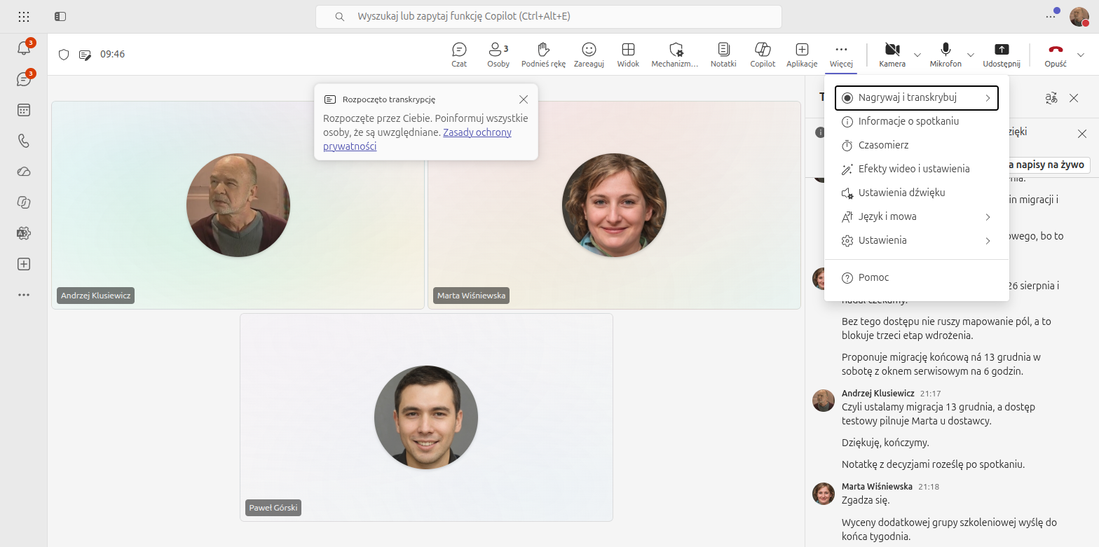 Otwarte menu Więcej na górnym pasku spotkania Microsoft Teams z pozycjami Nagrywaj i transkrybuj, Informacje o spotkaniu, Czasomierz oraz Ustawienia