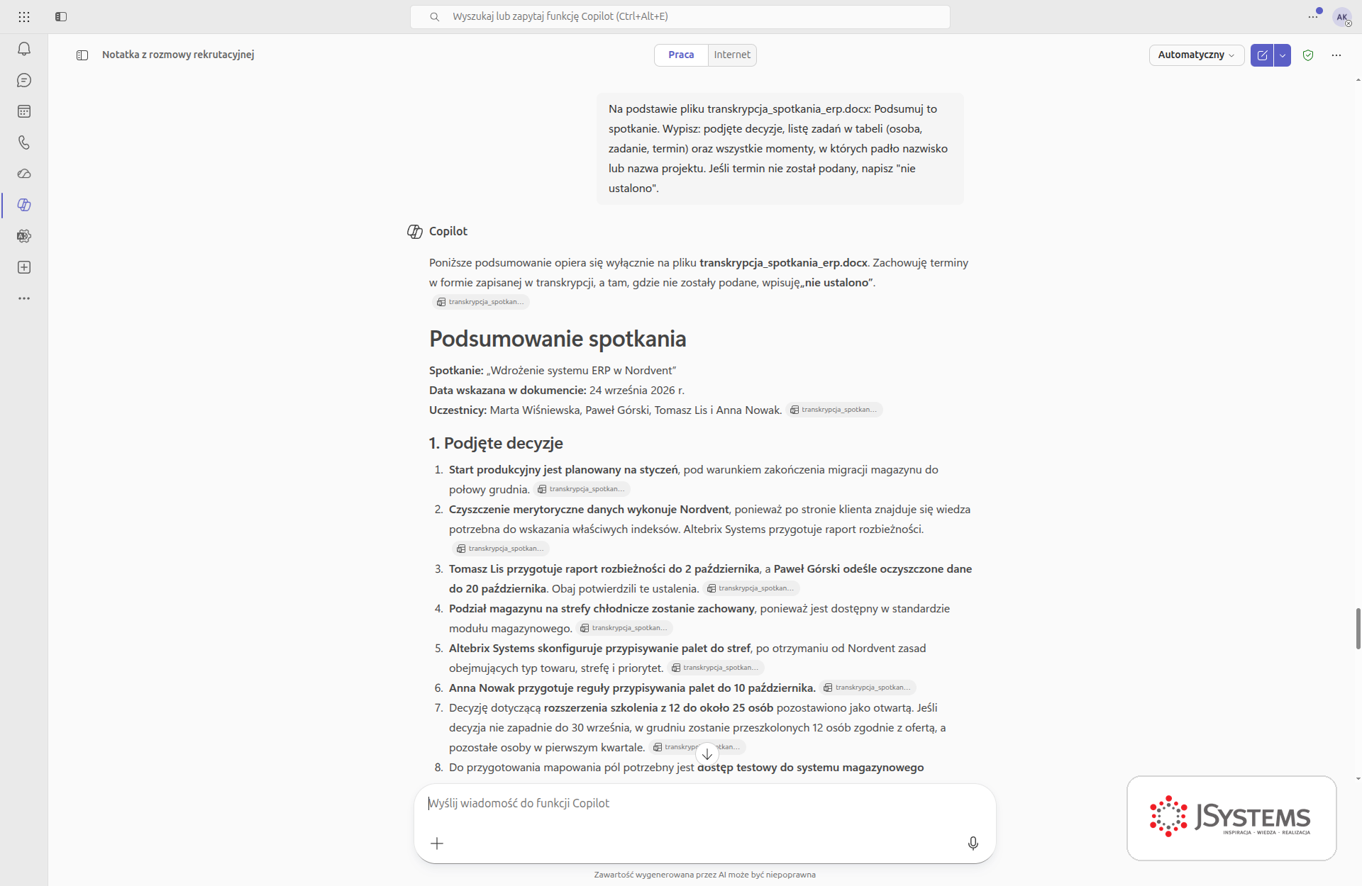 Copilot w Teams podsumowuje spotkanie: decyzje, tabela zadań z osobami i terminami oraz wzmianki o nazwiskach i projekcie