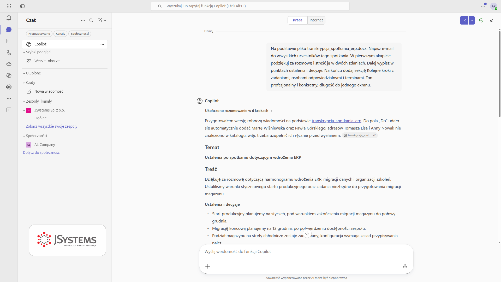 Copilot w Teams pisze e-mail do uczestników spotkania i zaznacza, których adresów nie znalazł w katalogu