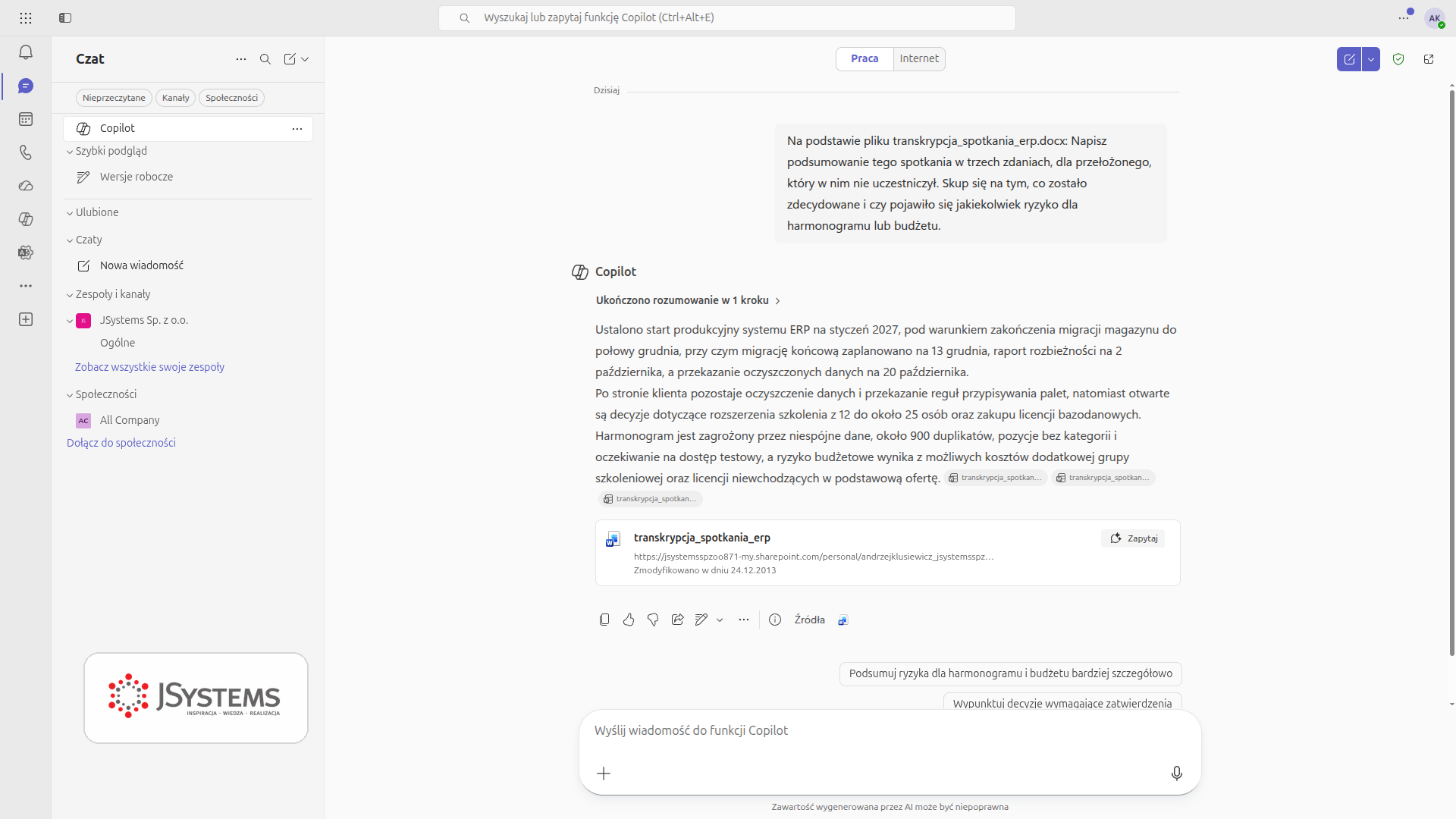 Copilot w Teams streszcza spotkanie w trzech zdaniach dla przełożonego, z osobnym akapitem o ryzykach
