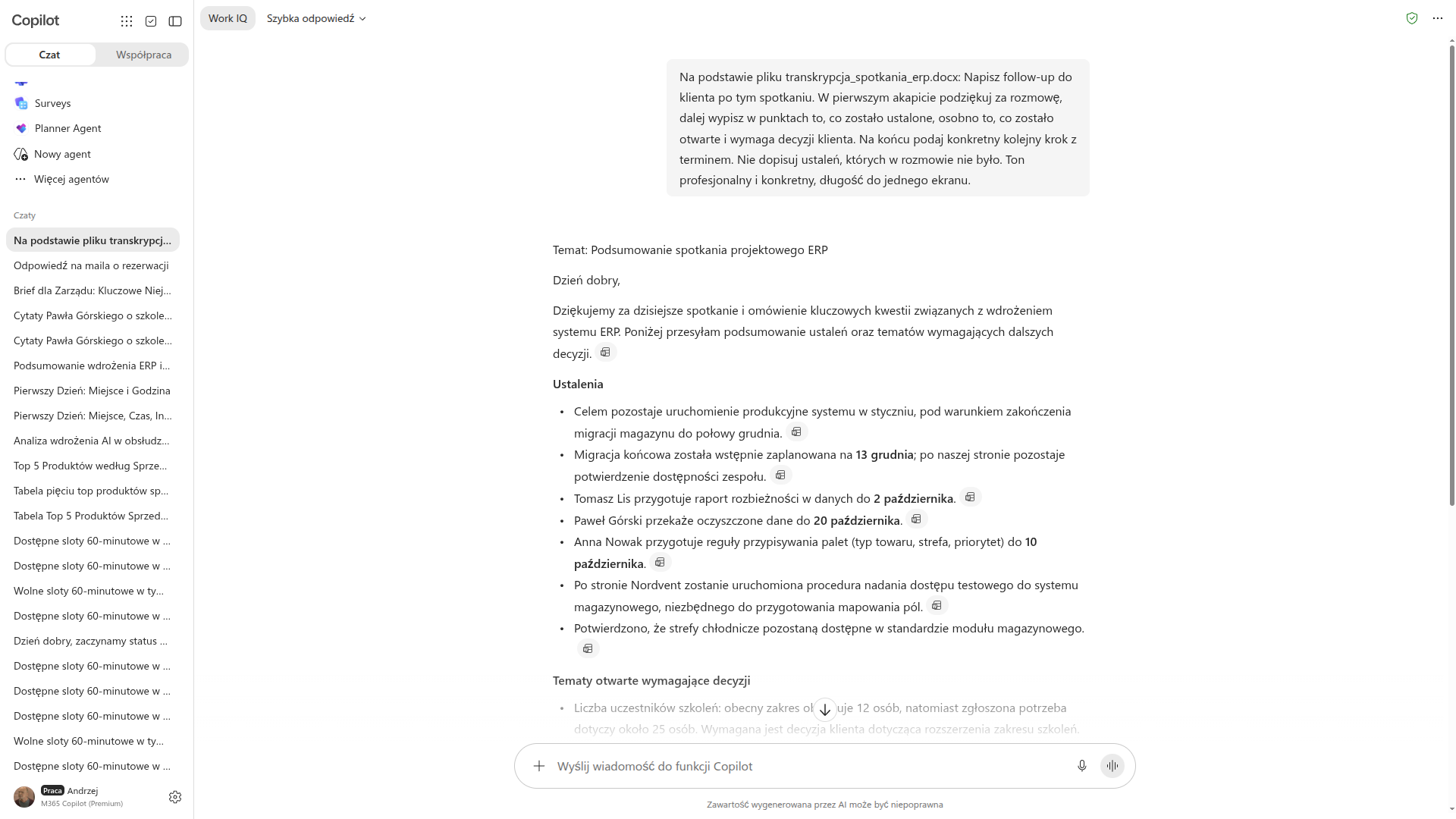 Copilot pisze follow-up do klienta na podstawie transkrypcji spotkania projektowego: podziękowanie, ustalenia, kwestie otwarte i kolejny krok
