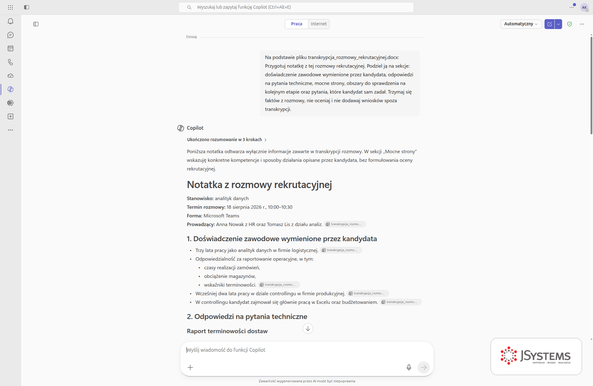 Copilot w Teams przygotowuje notatkę z rozmowy rekrutacyjnej podzieloną na doświadczenie, odpowiedzi techniczne i pytania kandydata