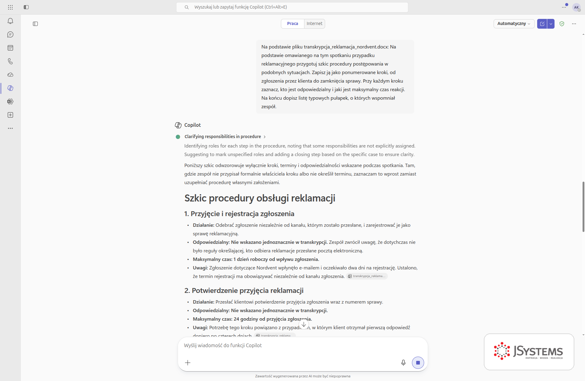 Copilot w Teams przygotowuje szkic procedury reklamacyjnej w ponumerowanych krokach z odpowiedzialnymi i czasami reakcji