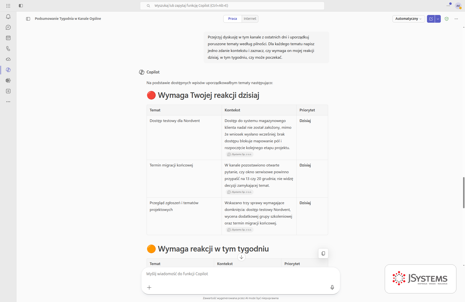 Copilot w Teams porządkuje tematy z kanału według pilności, z jednozdaniowym kontekstem przy każdym