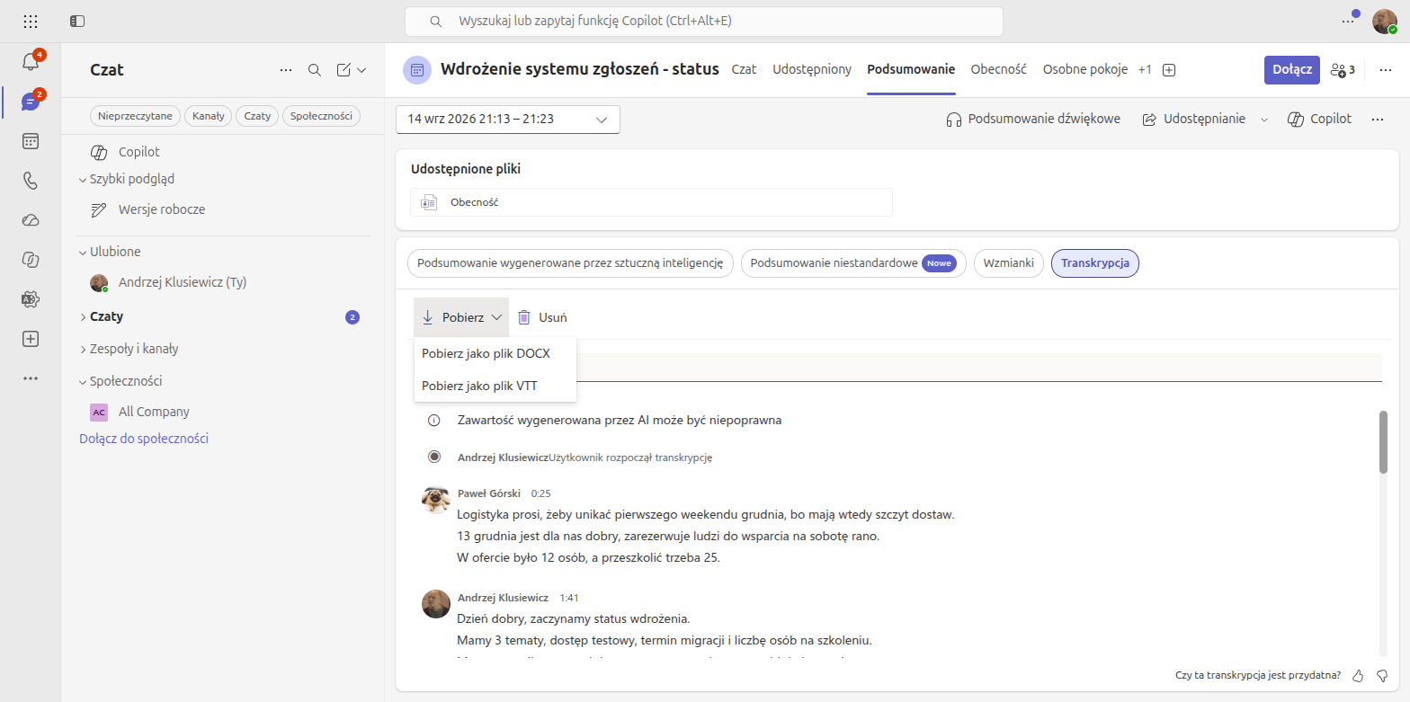 Rozwinięte menu Pobierz nad transkrypcją spotkania Microsoft Teams z wyborem formatu: Pobierz jako plik DOCX oraz Pobierz jako plik VTT