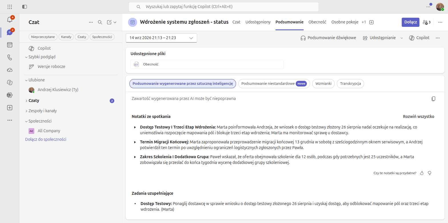 Zakładka Podsumowanie po spotkaniu w Microsoft Teams z notatkami wygenerowanymi przez sztuczną inteligencję i listą zadań uzupełniających