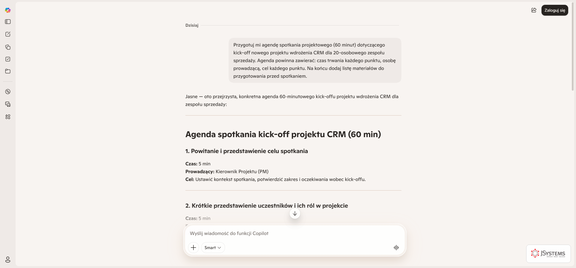 Agenda sześćdziesięciominutowego spotkania kickoff wdrożenia CRM wygenerowana przez Copilot z czasem, właścicielem i celem każdego punktu