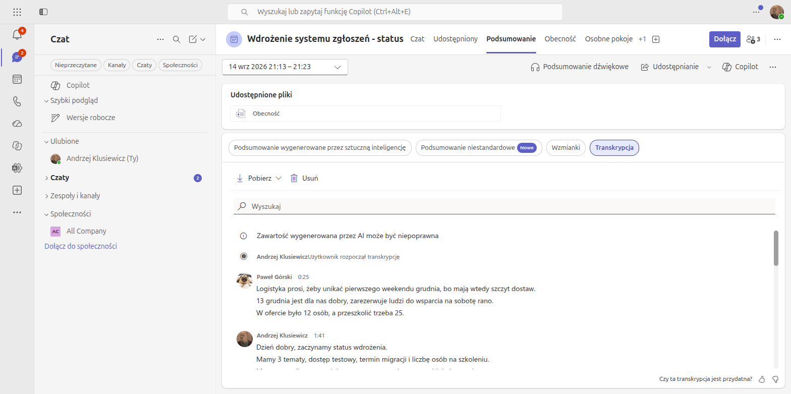 Zakładka Transkrypcja w podsumowaniu spotkania Microsoft Teams z zapisem rozmowy, nazwiskami mówców i znacznikami czasu oraz przyciskiem Pobierz