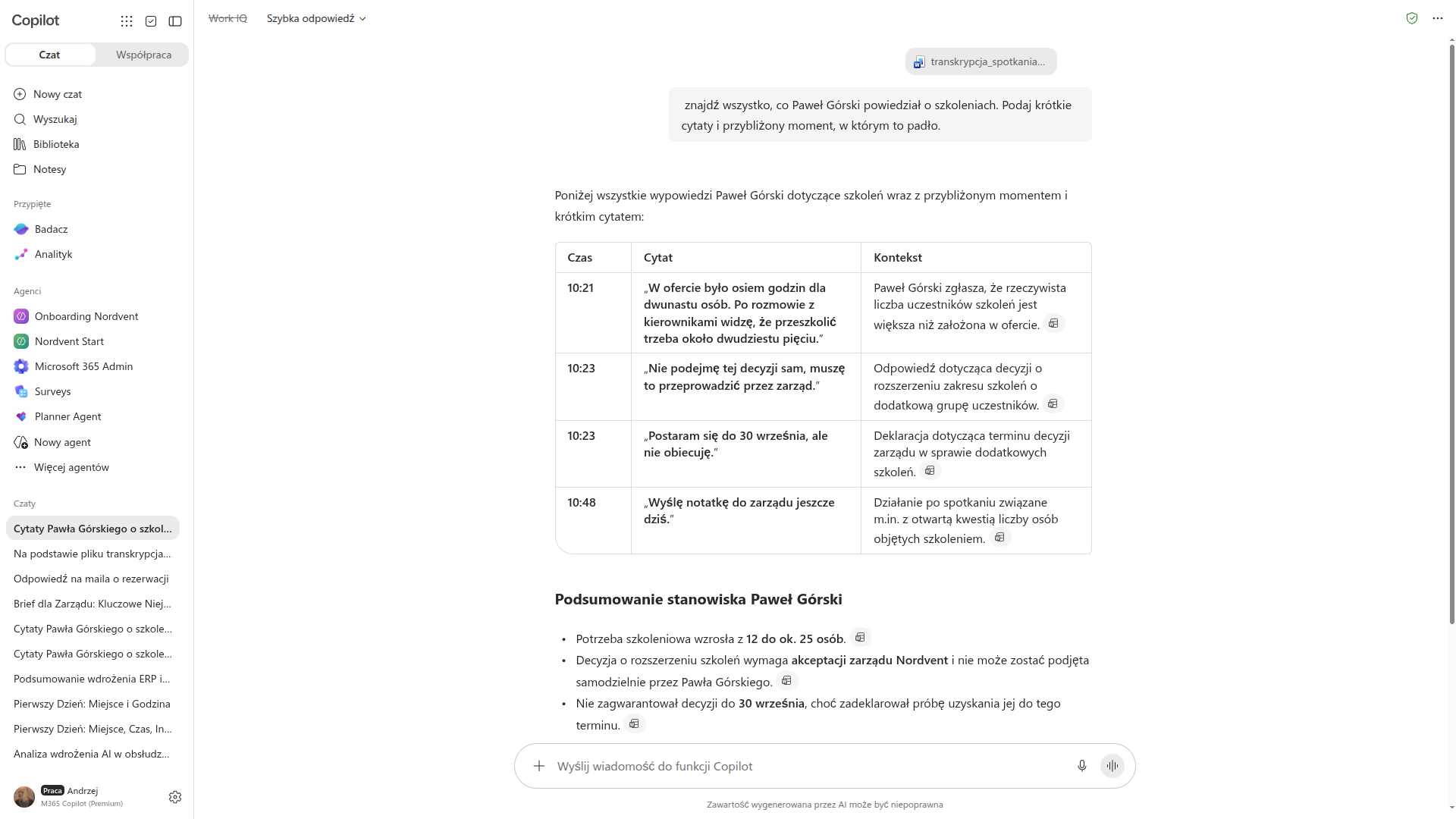 Copilot z wyłączonym Work IQ zwraca tabelę cytatów Pawła Górskiego o szkoleniach, wziętych wyłącznie z przypiętej transkrypcji spotkania