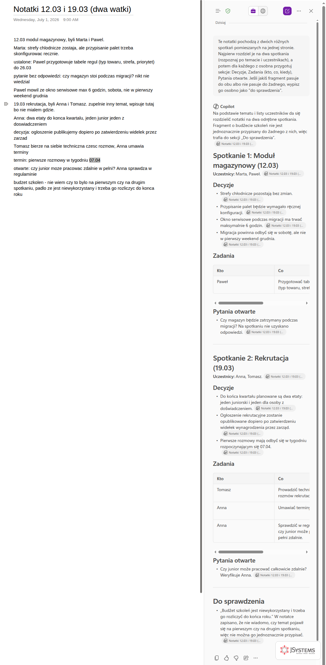 Panel Copilota w OneNote rozdziela notatki z dwóch spotkań na osobne sekcje Decyzje, Zadania i Pytania otwarte