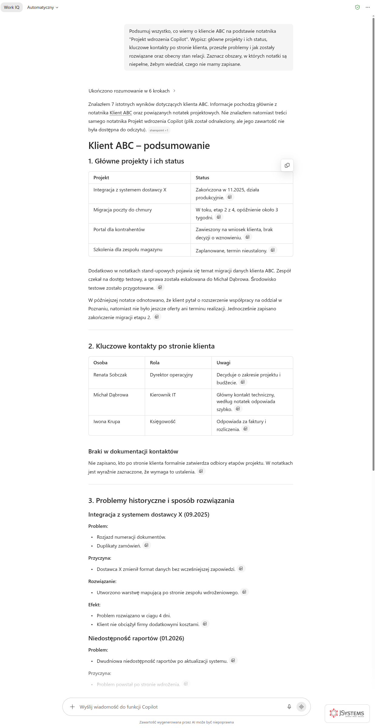 Copilot Chat buduje profil klienta ABC z notatnika OneNote: tabela projektów ze statusami, tabela kontaktów i wyraźnie oznaczone braki w notatkach