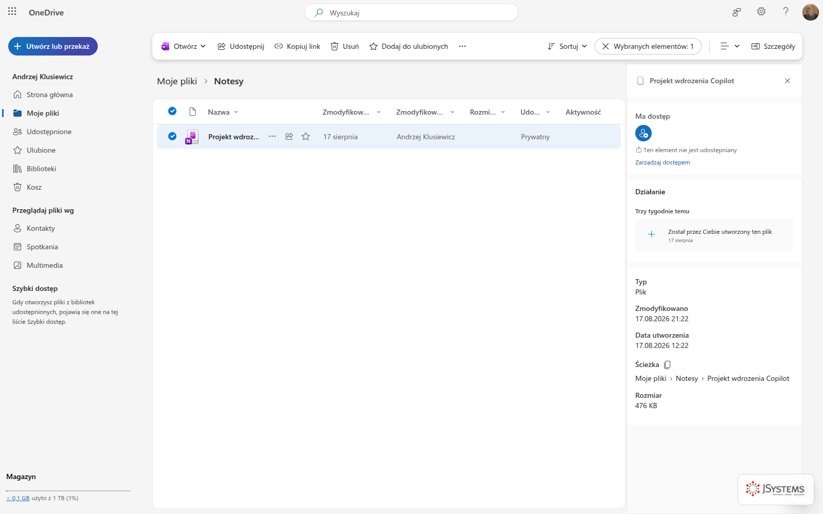 Panel szczegółów notatnika OneNote w OneDrive: sekcja Ma dostęp z informacją, że element nie jest udostępniany, oraz ścieżka Moje pliki, Notesy