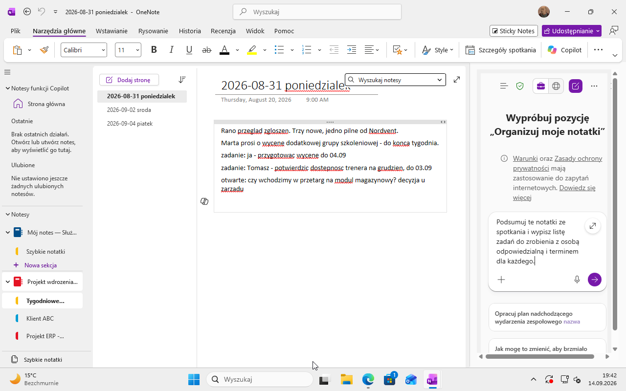 Panel Copilota w OneNote z wpisanym poleceniem o podsumowanie notatek ze spotkania i wypisanie listy zadań z osobą odpowiedzialną i terminem