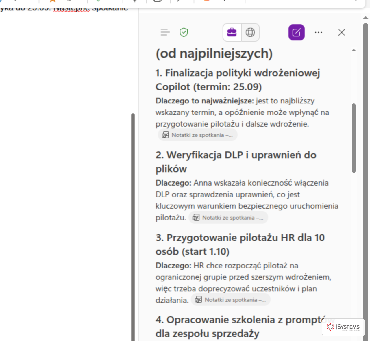 Panel Copilota w OneNote z listą priorytetów na przyszły tydzień uporządkowaną od najpilniejszych, przy każdej pozycji uzasadnienie zaczynające się od słowa Dlaczego oraz odsyłacz do notatek ze spotkania