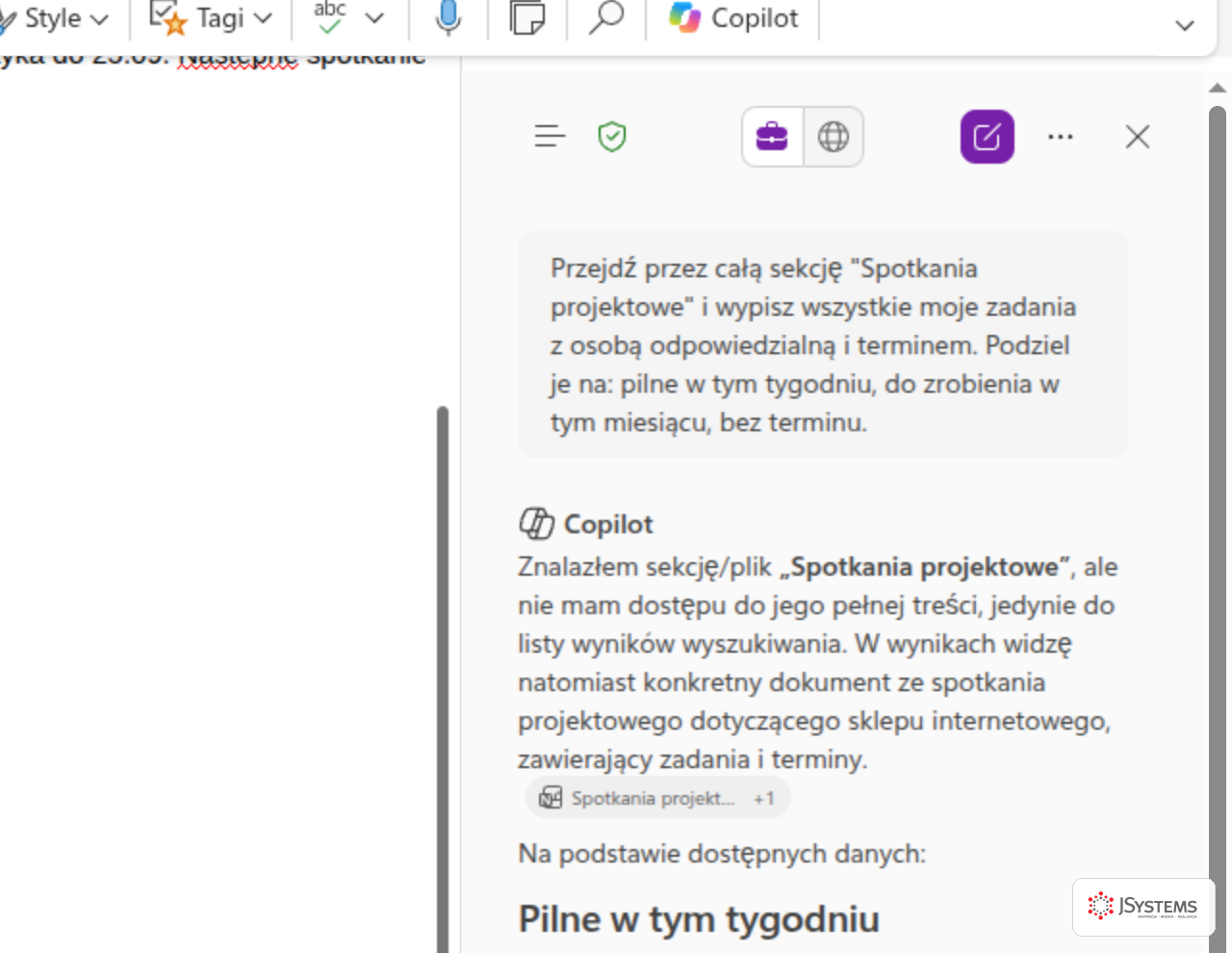 Panel Copilota w OneNote z poleceniem wskazującym zakres w postaci nazwy sekcji w cudzysłowie, poniżej odpowiedź informująca, że Copilot widzi tę sekcję tylko przez wyniki wyszukiwania, oraz lista zadań pilnych z osobami odpowiedzialnymi i terminami