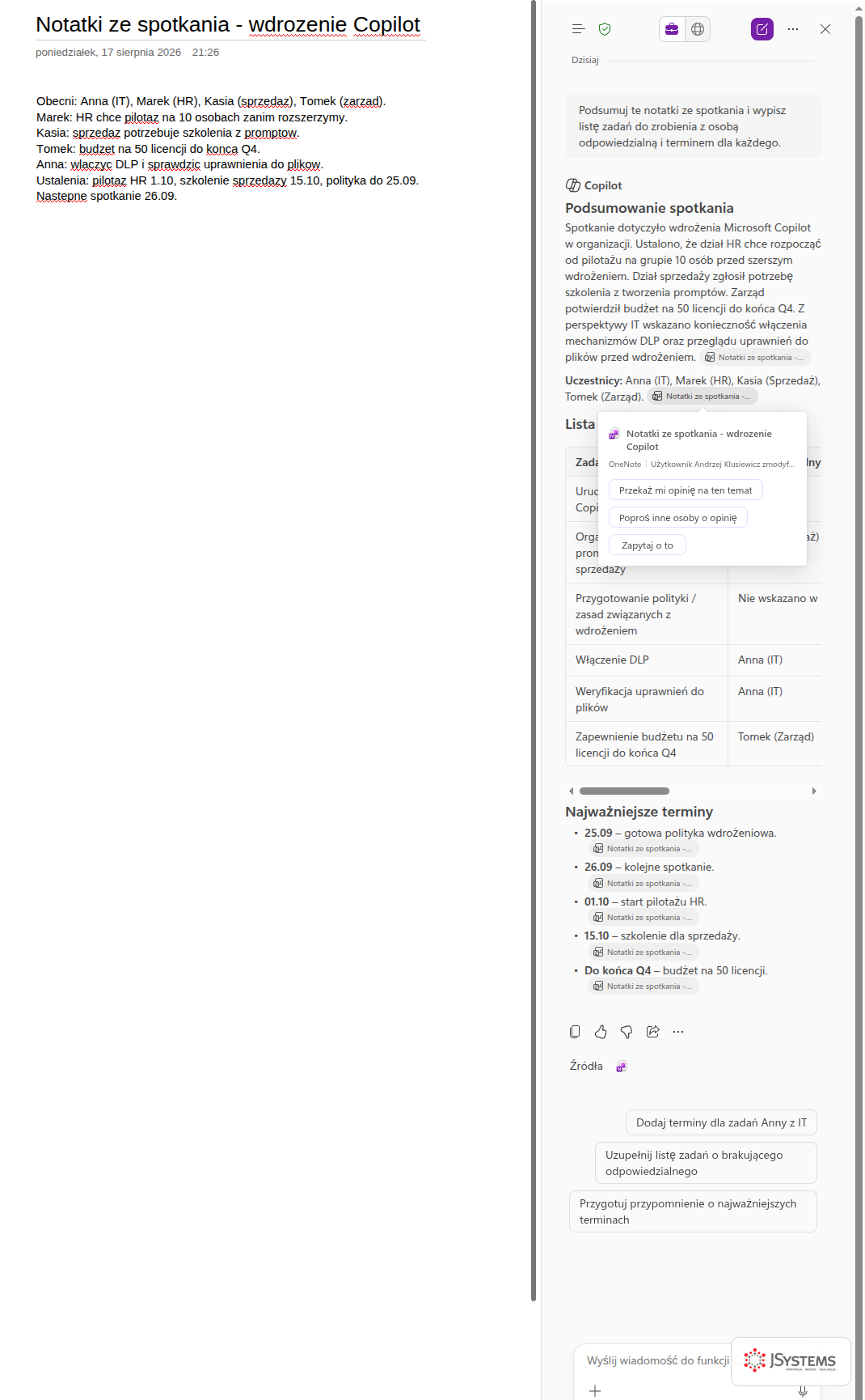 Panel Copilota w OneNote ze streszczeniem notatek ze spotkania i listą zadań z osobami odpowiedzialnymi