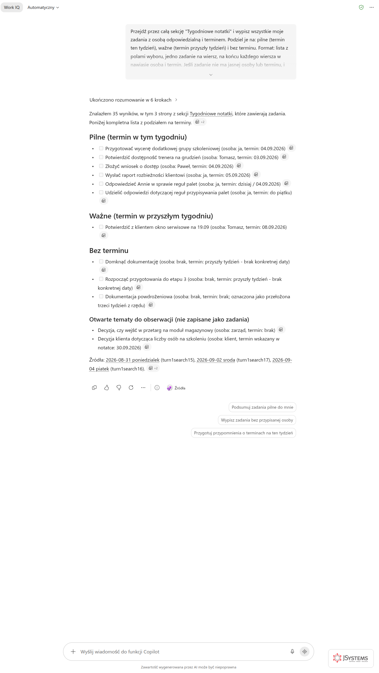 Copilot Chat wypisuje zadania z całej sekcji Tygodniowe notatki, podzielone na pilne, ważne i bez terminu