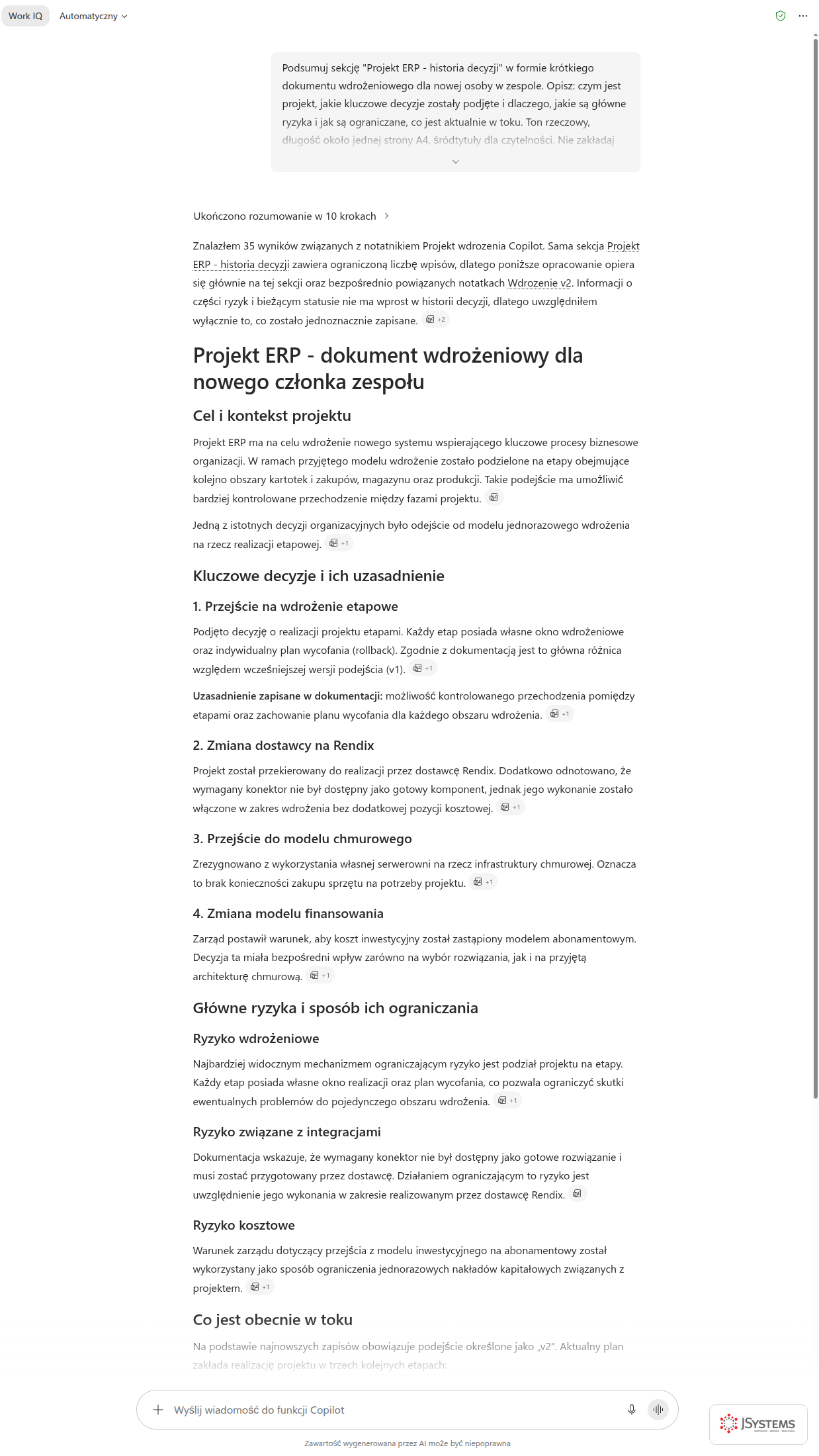 Copilot Chat składa dokument wdrożeniowy dla nowej osoby z sekcji Projekt ERP - historia decyzji