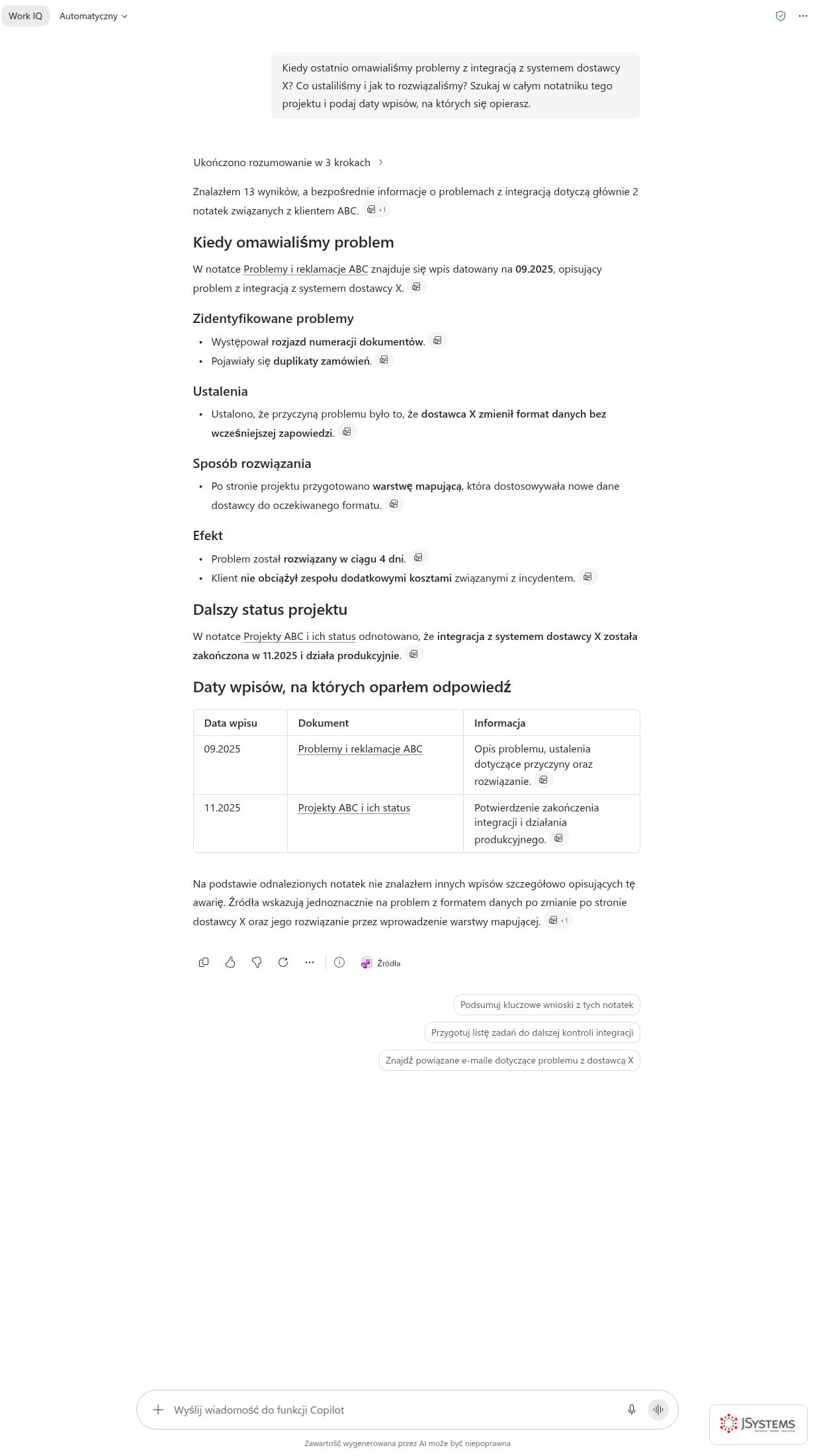 Copilot Chat odnajduje w notatniku wpis o problemach z integracją z systemem dostawcy X wraz z datą i ustaleniami