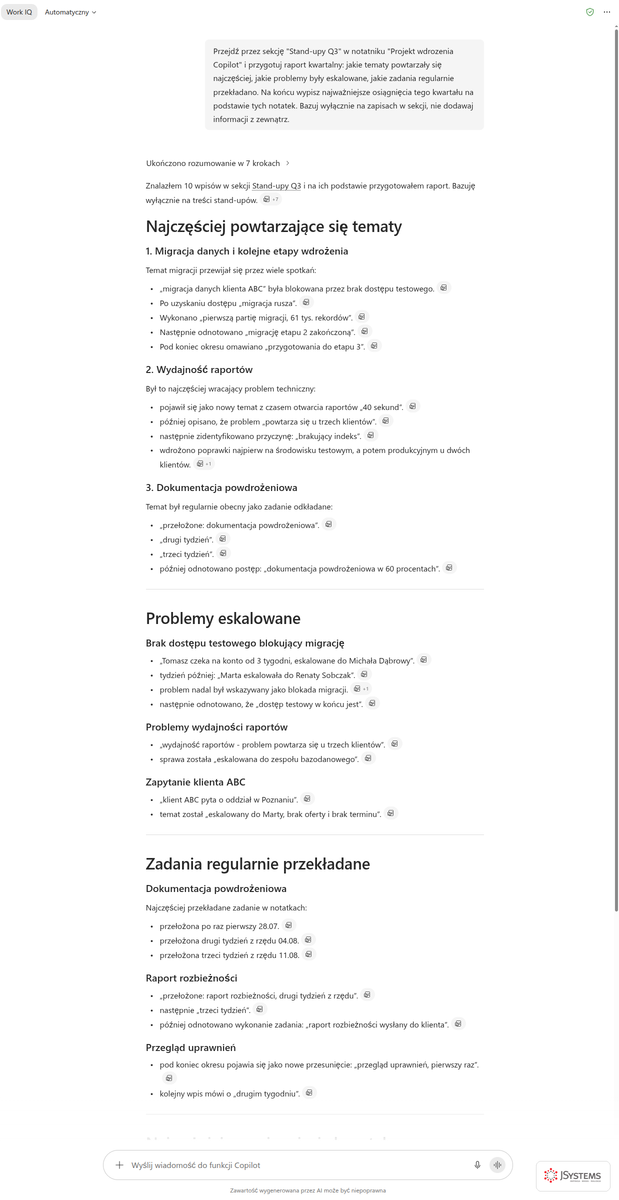 Copilot Chat składa raport kwartalny z dziesięciu stand-upów w OneNote: powtarzające się tematy, problemy eskalowane i zadania regularnie przekładane