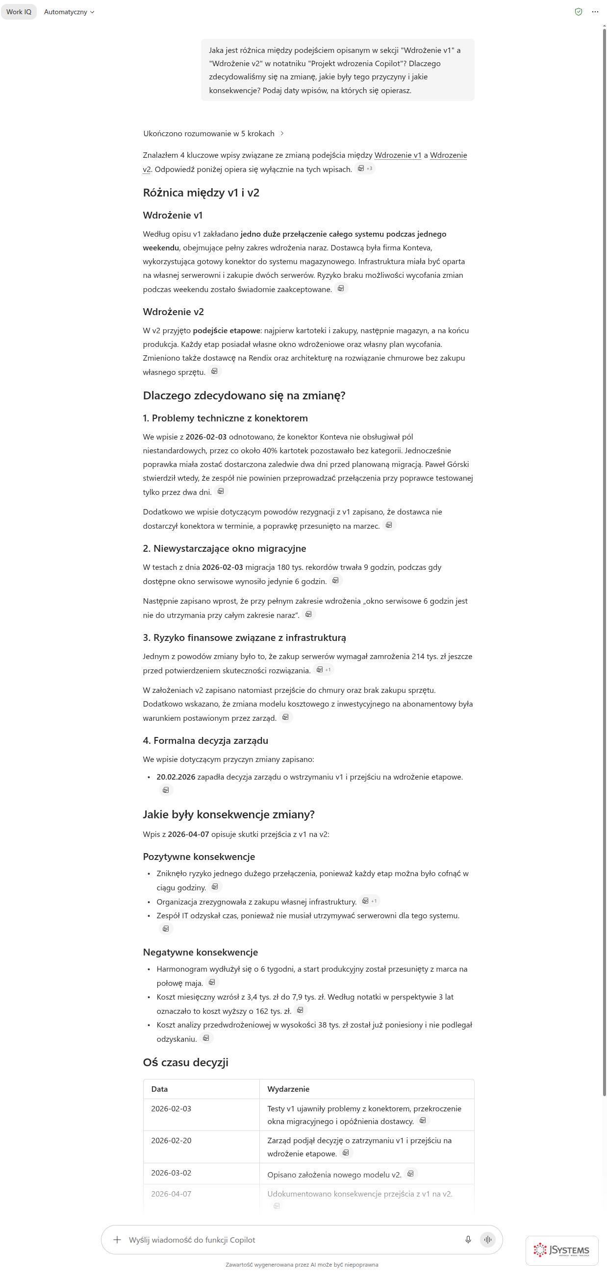 Copilot Chat porównuje sekcje Wdrożenie v1 i Wdrożenie v2 z notatnika OneNote: przyczyny zmiany, konsekwencje i oś czasu decyzji z datami