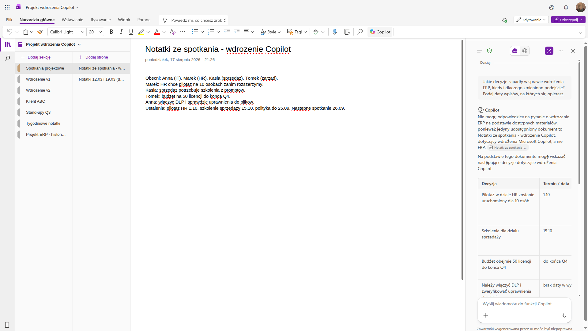 Panel Copilota w OneNote odmawia odpowiedzi na pytanie o treść z innej sekcji notatnika, wskazując, że dostępna jest tylko bieżąca strona