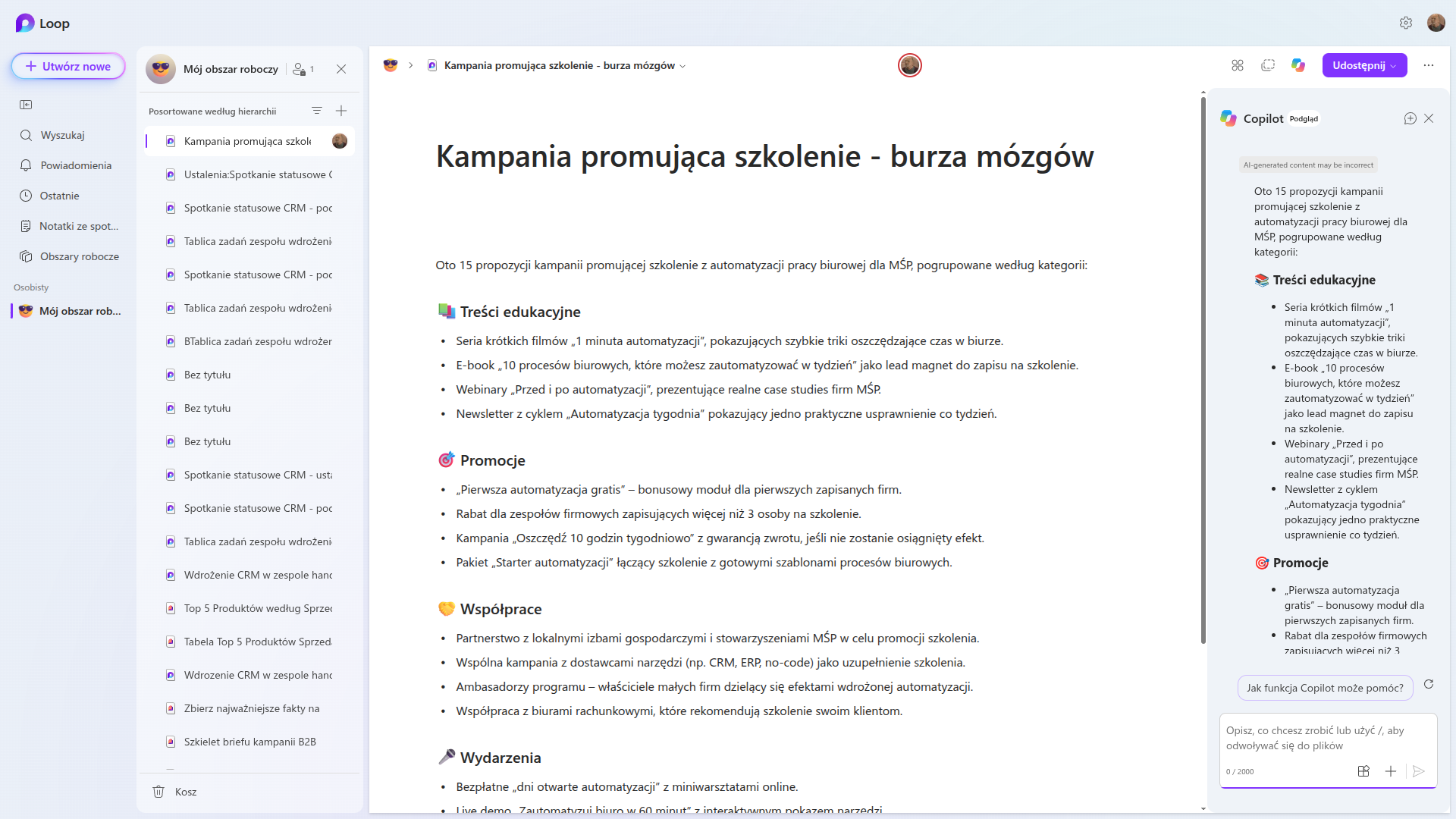 Strona Loop Kampania promująca szkolenie - burza mózgów z wklejoną listą piętnastu pomysłów w czterech kategoriach: Treści edukacyjne, Promocje, Współprace i Wydarzenia