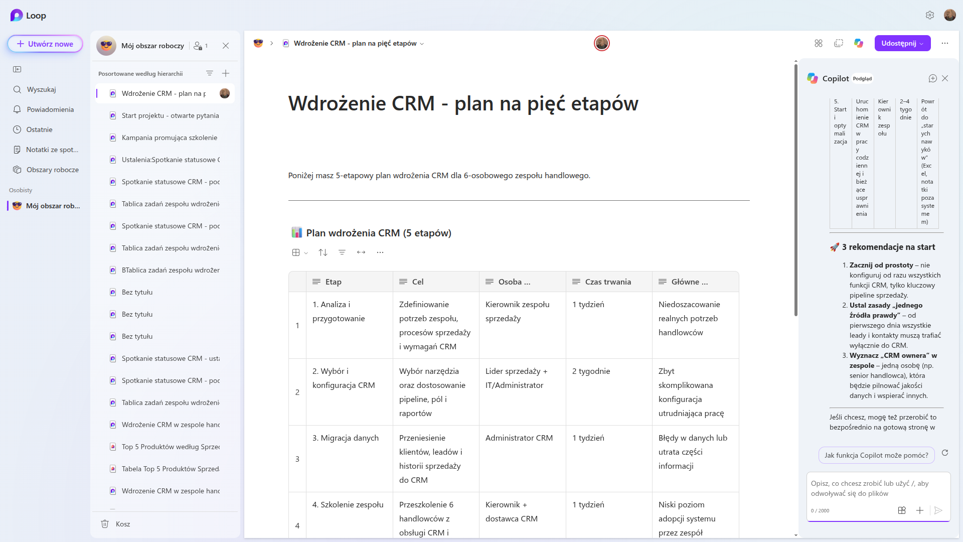Strona Loop Wdrożenie CRM - plan na pięć etapów z wklejoną tabelą planu: kolumny Etap, Cel, Osoba odpowiedzialna, Czas trwania i Główne ryzyko, obok panel Copilota z trzema rekomendacjami na start